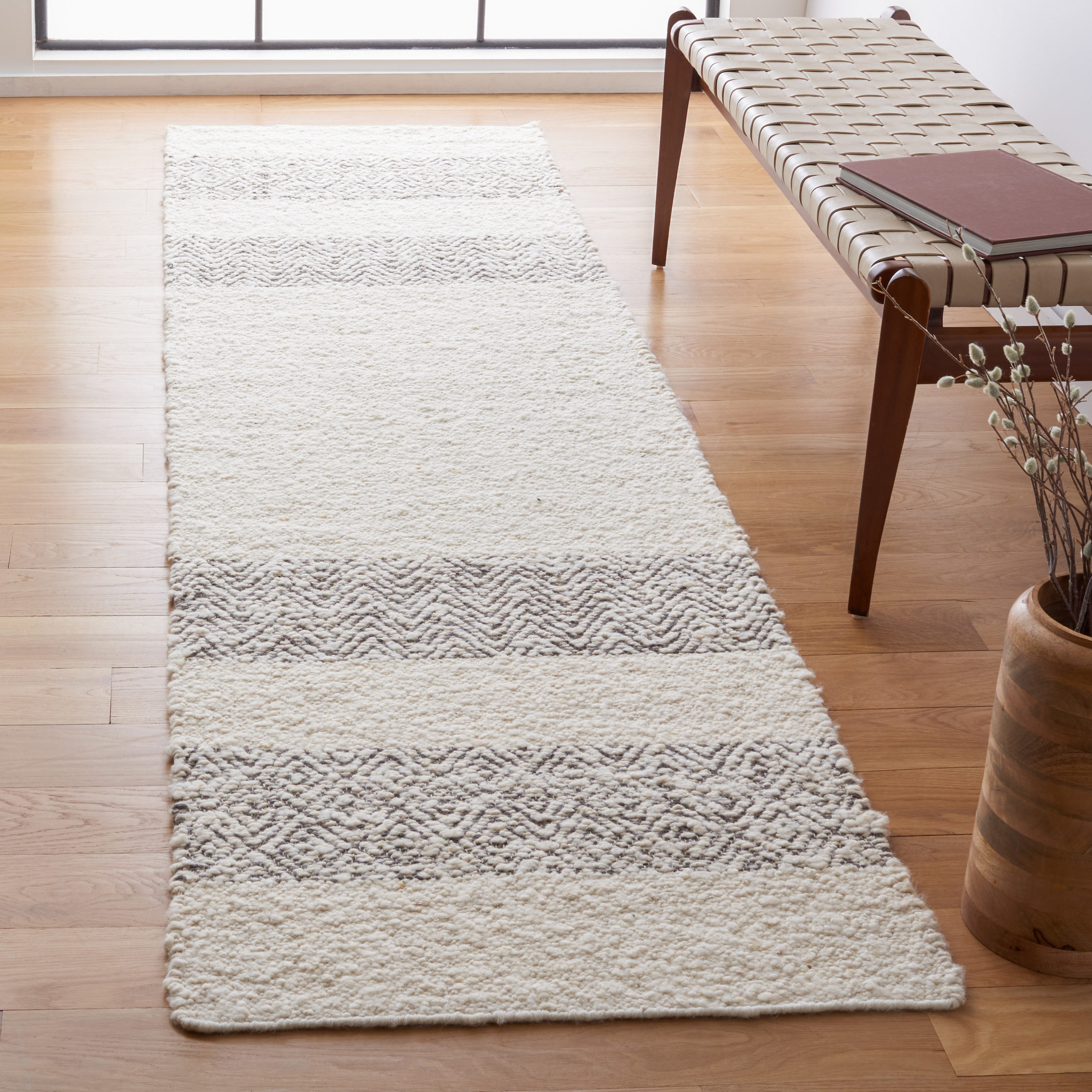 Ivory Wool and Chenille Flat Woven Runner Rug