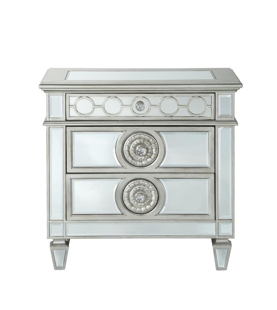 Elegant Silver Mirrored 2-Drawer Nightstand with Geometric Trim