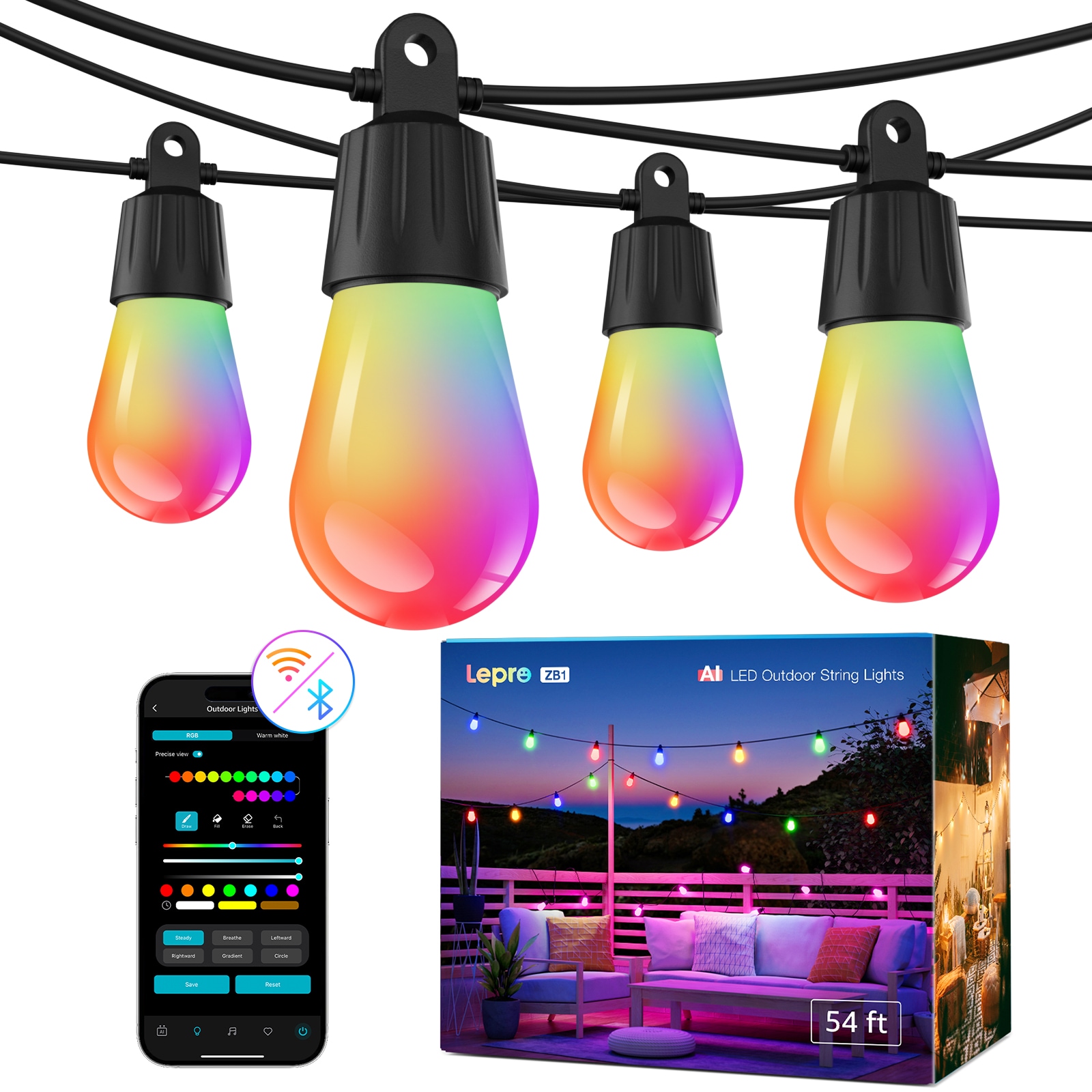 Lepro ZB1X15XUS 54-ft Plug-in RGB Indoor/Outdoor String Light with 15 Multicolor -Light LED Globe Bulbs Bluetooth Compatibility Wi-Fi Compatibility