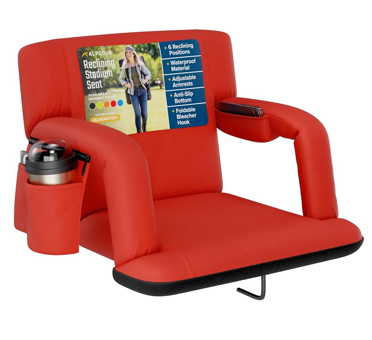 Alpcour  Portable Reclining 21-inch Wide Stadium Seat with Armrests Red