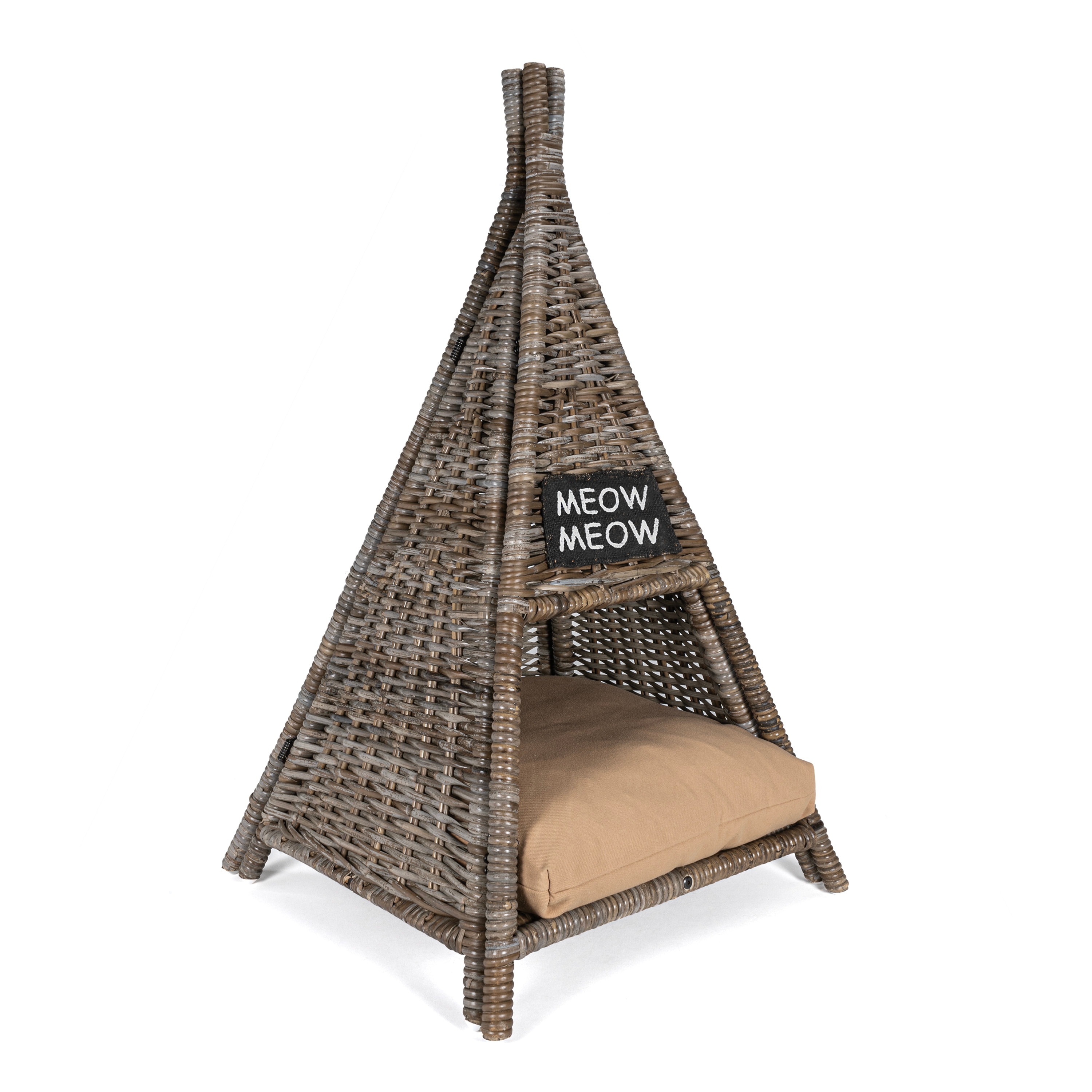 Small Kubu Gray Handwoven Rattan Triangle Cat Bed with Cushion