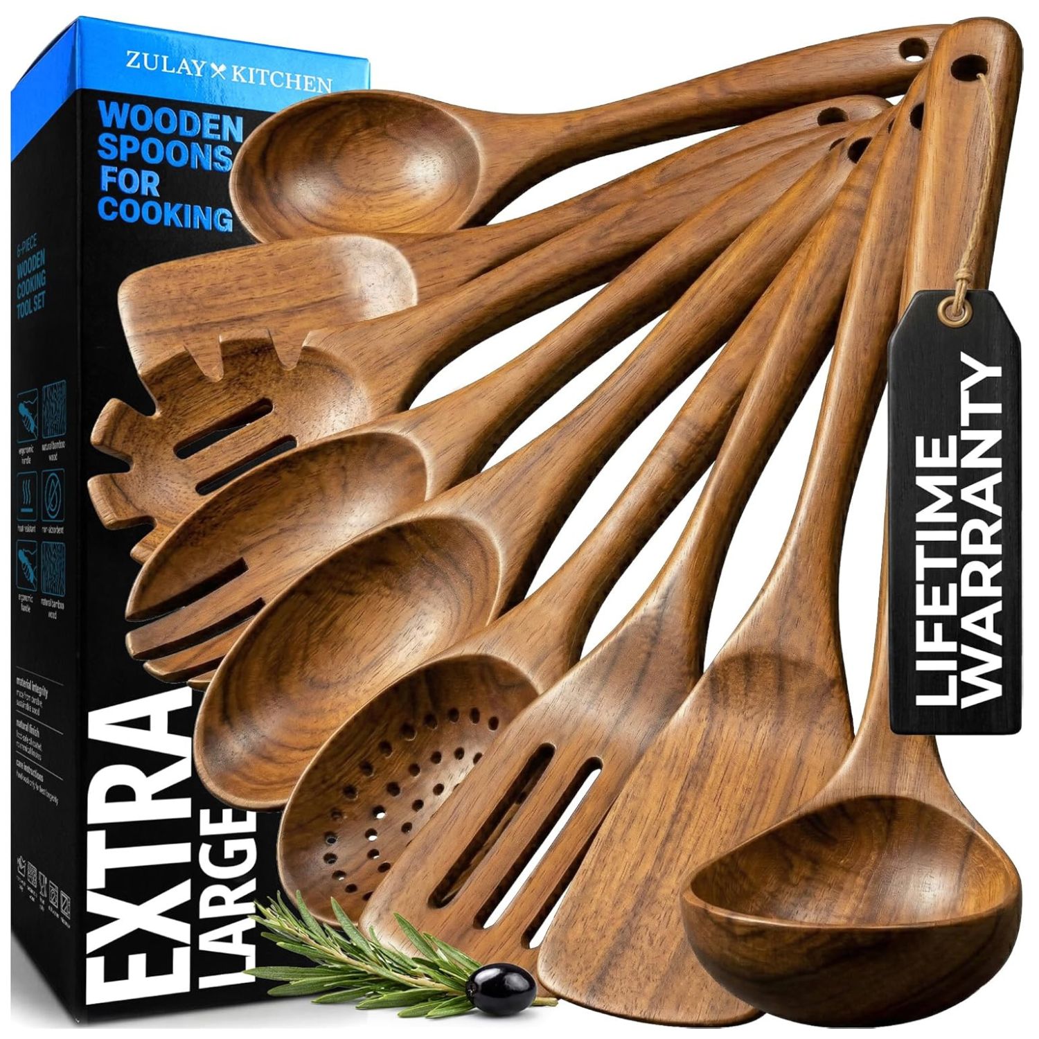 Zulay Kitchen 9 Piece Teak Wood Cooking Utensil Set Non Toxic Non Stick Safe Wooden Spoons Kitchen Tools Comfortable Grip Smooth Finish Kitchen Gift Set