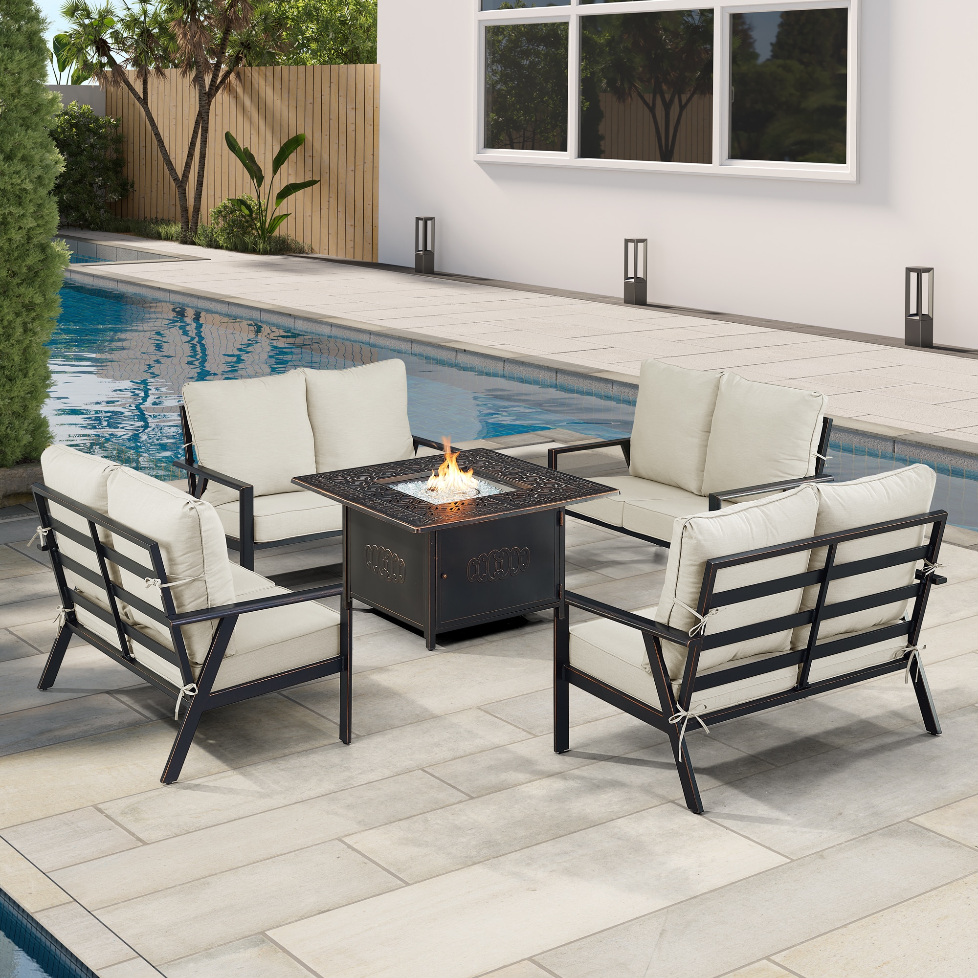Oakland Living LUX4LSRONINLGCUA Fire Pit Table Set, Four Loveseats and Wind Guard 22-Piece Patio Conversation Set with Gray Cushions