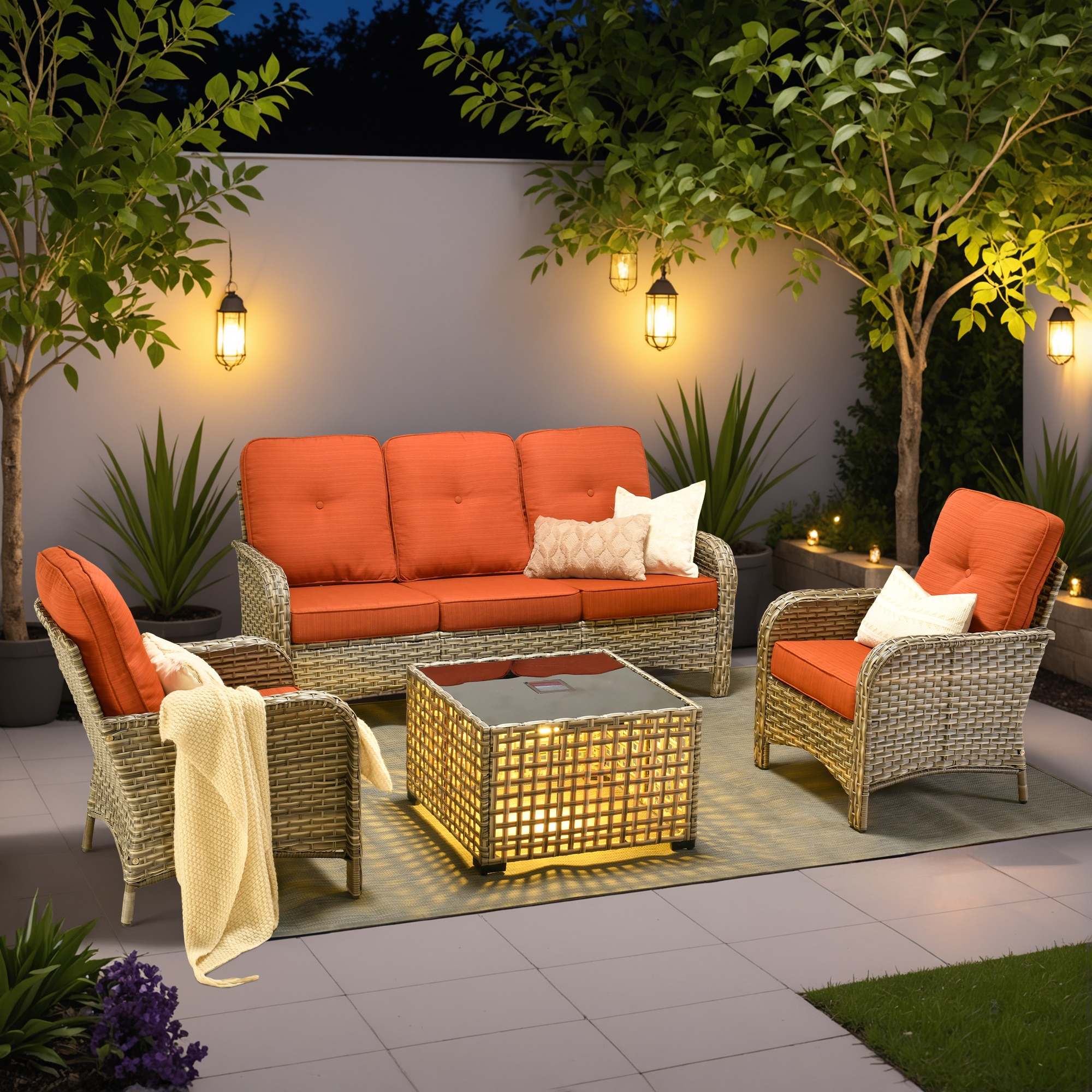 Ovios VNC804 4 -Piece Rattan Patio Sofa Conversation Set with Orange Cushions