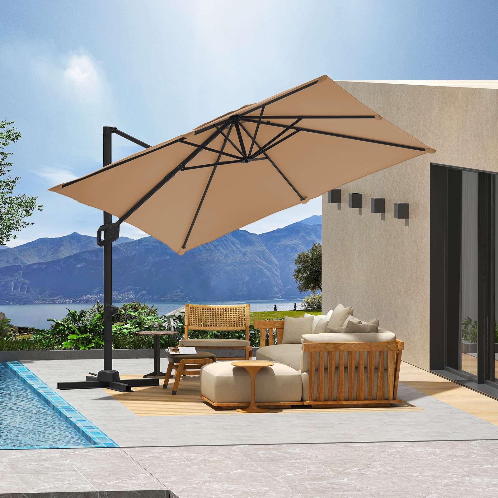 Qeetex SQY-PPG-335TCESN 10 Ft Square Patio Umbrella Outdoor Cantilever Umbrella 360 Degree Rotatable UV Protection Roman Umbrella For Pool Patio Garden Tan