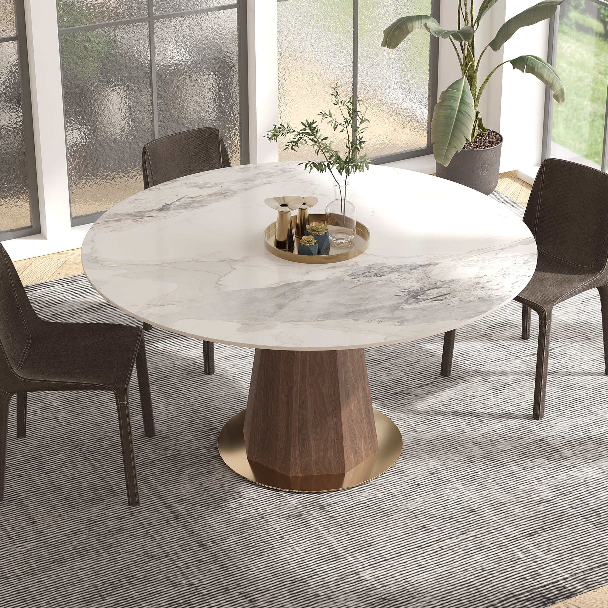  ZP7-G82-135XNE Grayish White Round Casual Dining Table, Marble with Walnut Metal Pedestal Base 53.15-in L x 29.53-in H