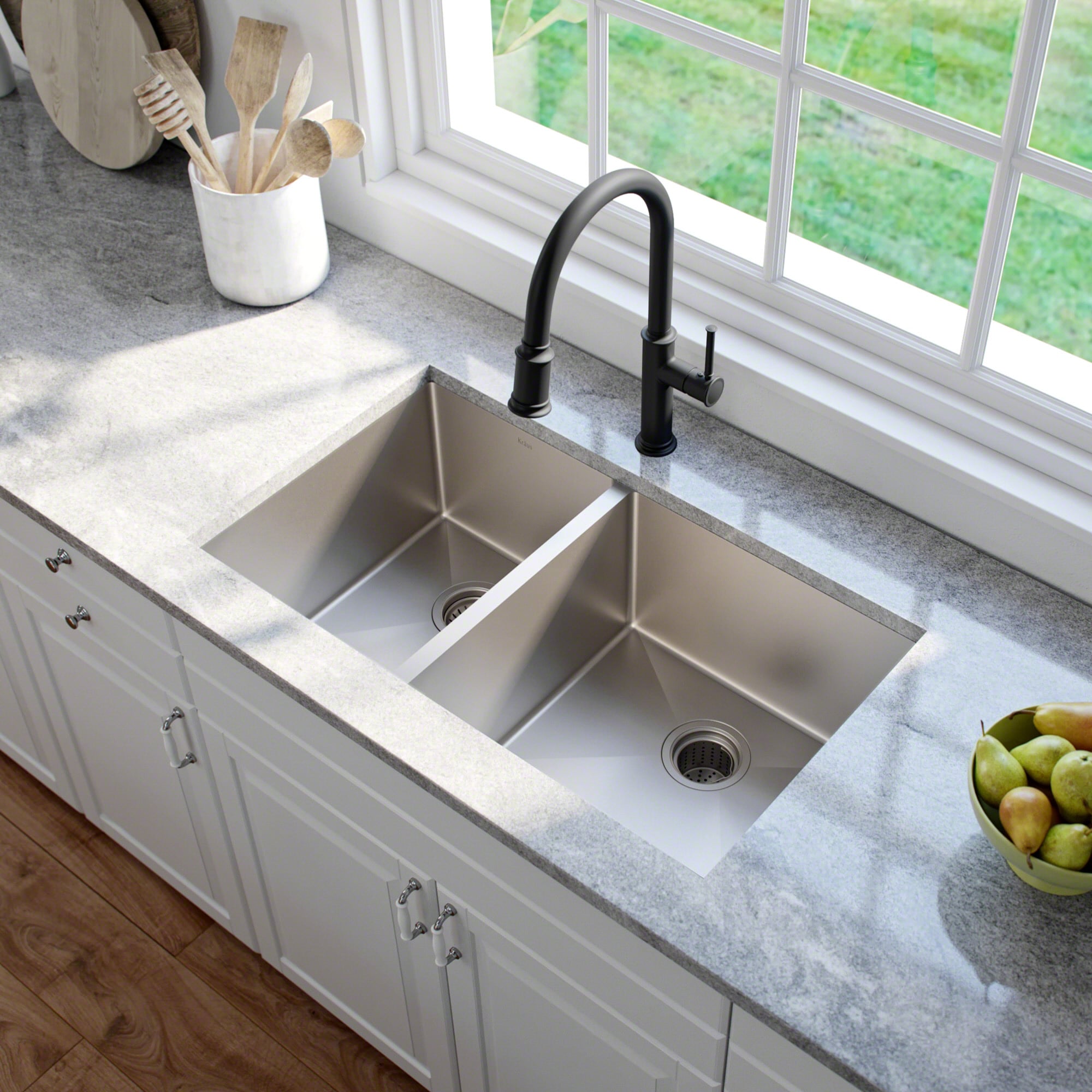 Kraus Standart PRO Undermount 33-in x 19-in Stainless Steel Double Offset Bowl  Kitchen Sink in the Kitchen Sinks department at