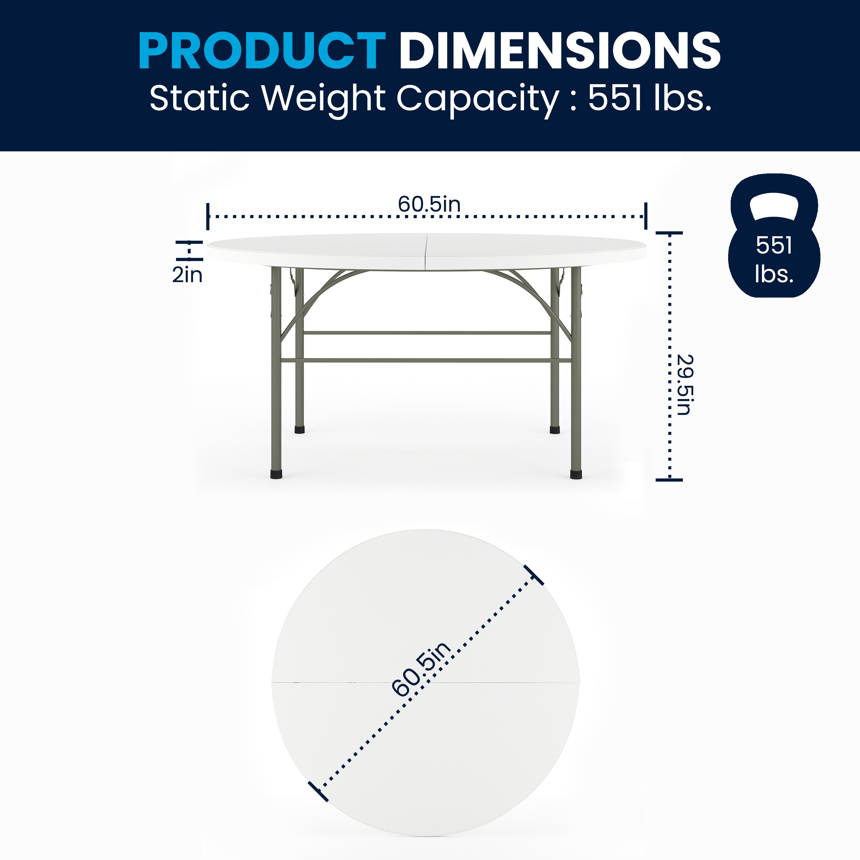 Granite White 60'' Round Bi-Fold Table with Metal Frame and Handle