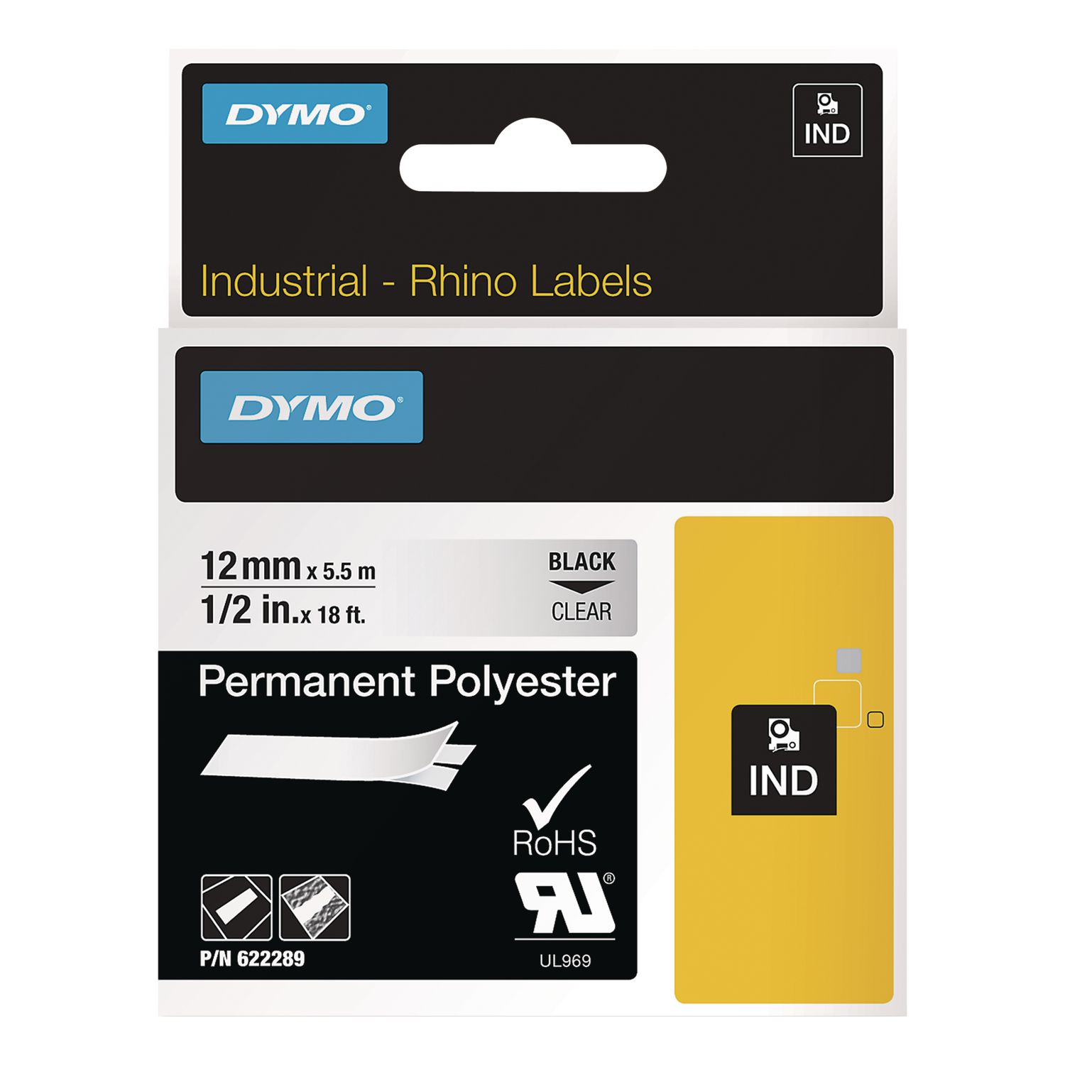 DYMO Rhino Permanent Vinyl Industrial Label Tape 0.5 X 18 Ft Clear/black Print