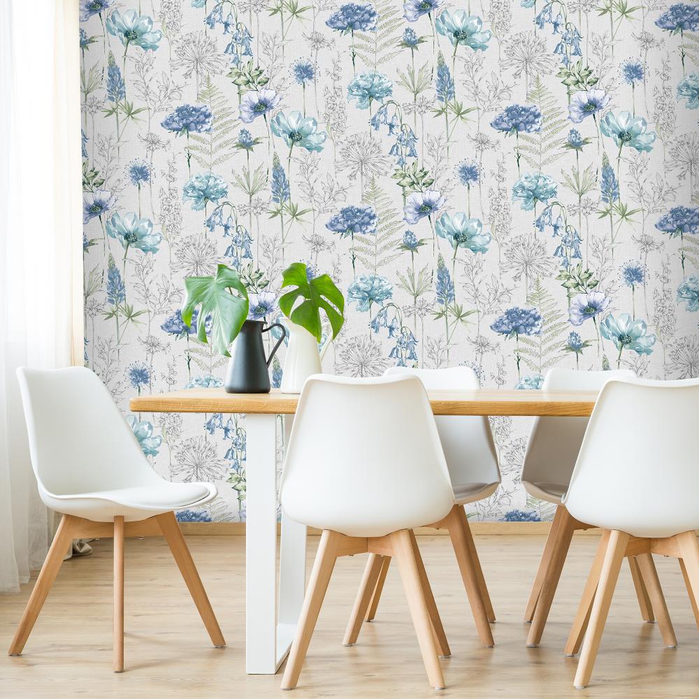 Fresco Floral Sketch Blue Removable Wallpaper in the Wallpaper ...