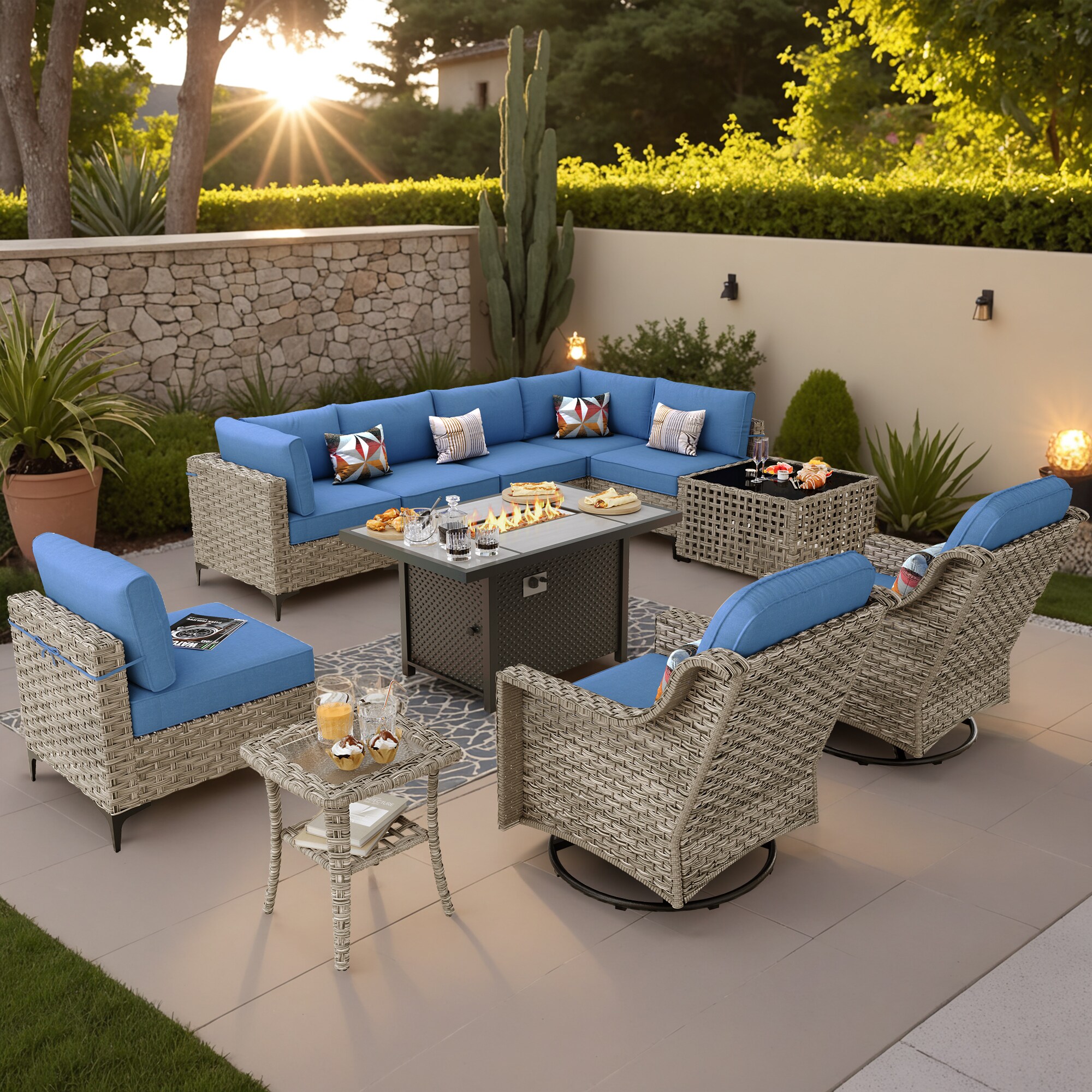 Ovios RFPSK500Y 11-Piece Wicker Patio Conversation Set with Blue Cushions
