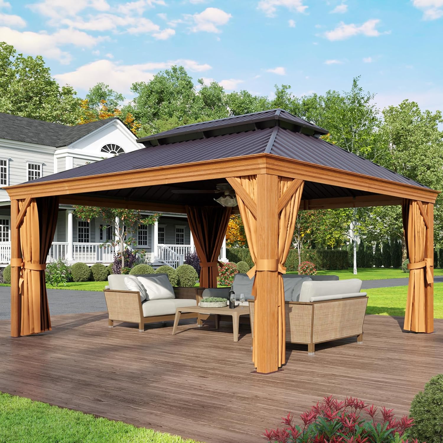 AOXUN 16-ft x 12-ft Metal Gazebo Rectangle Brown Metal Steel Roof ...