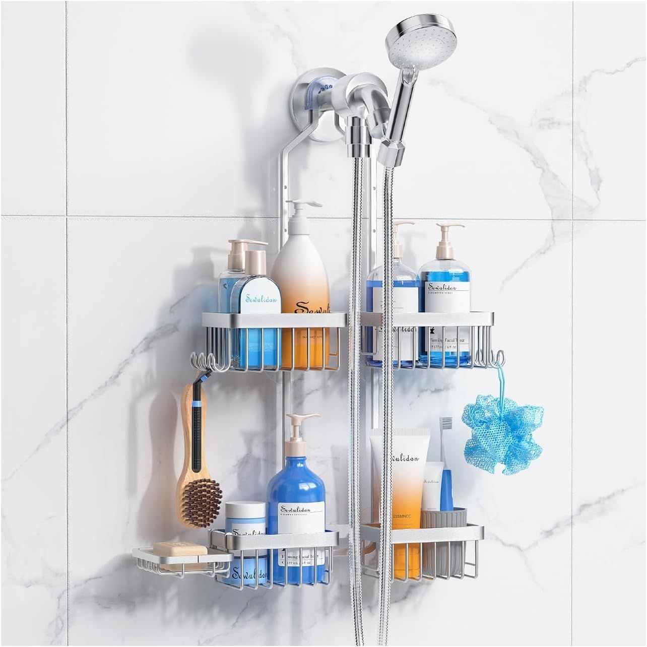 JUSHUA Aluminum Alloy Hanging Shower Caddy for Handheld Shower HeadsRustproof Hose Shower Organizer 4 Levels Height Adjustable Shower Rack with HooksRazor HolderSoap Holder