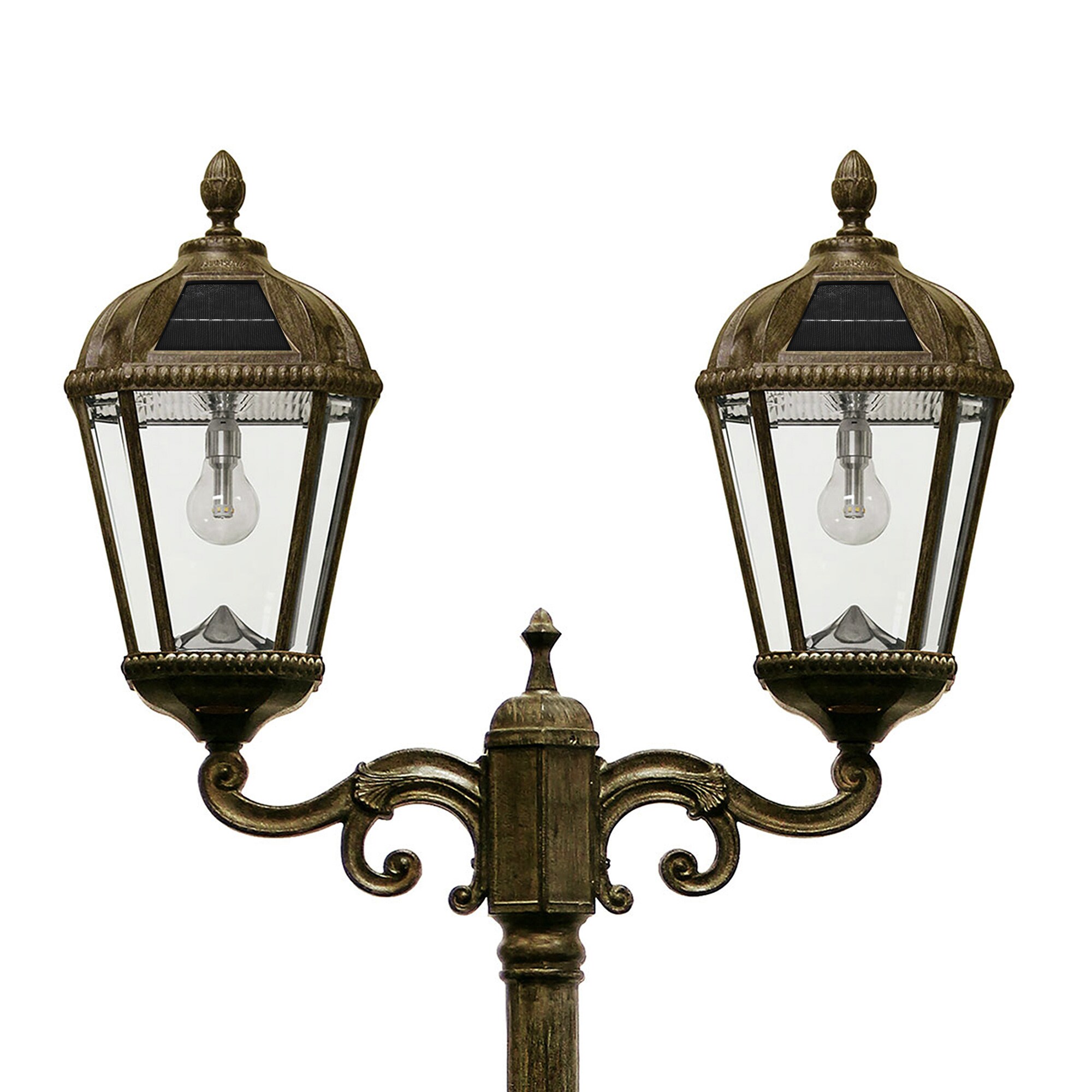 Weathered Bronze Double Head Solar Lamp Post with Beveled Glass