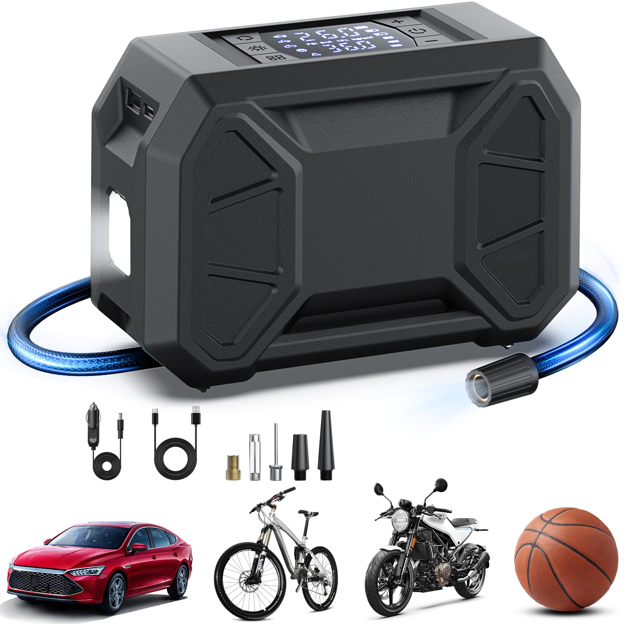 AKSCYZM  Portable Tire Inflator Air Compressor 150 PSI Fast Inflation for Car SUV Motorcycle Bike and Ball with LED Light Digital Display Auto