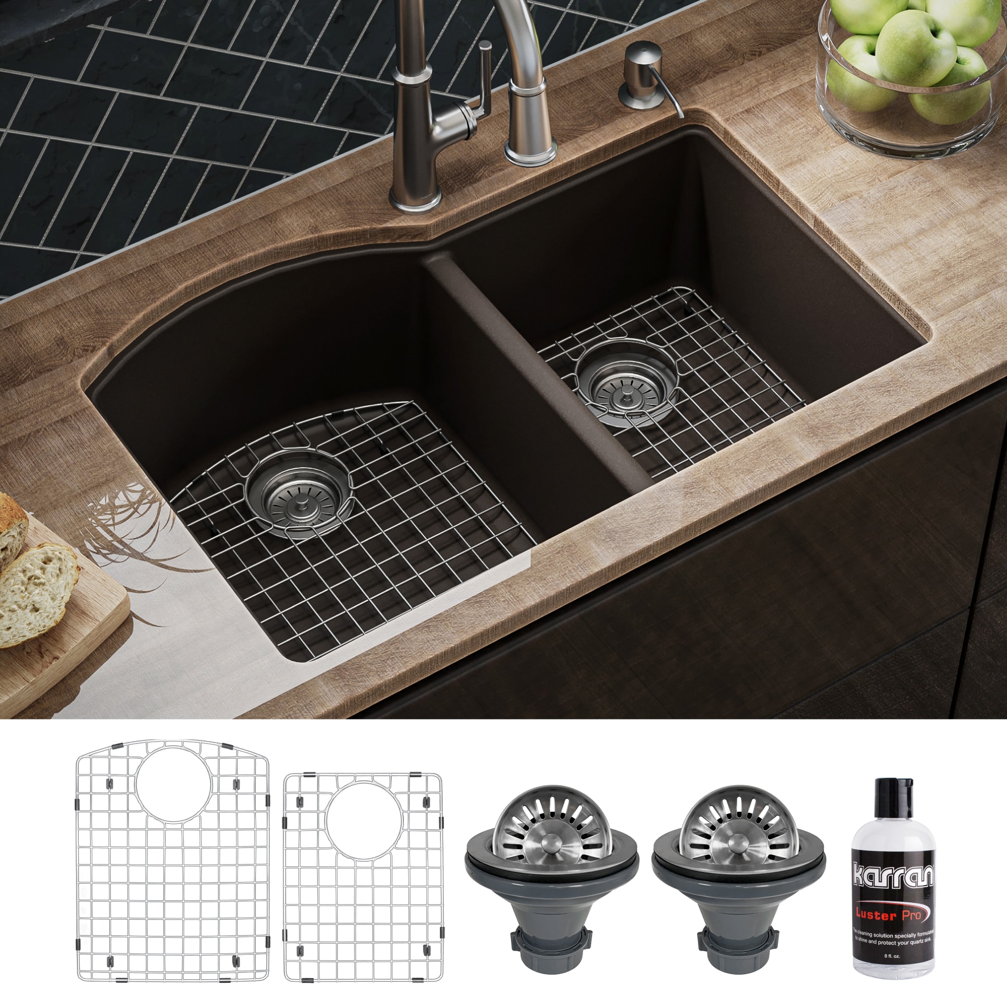 Karran QU-610-BR-PK1 Undermount 32-in x 21-in Quartz Double offset bowl Kitchen Sink