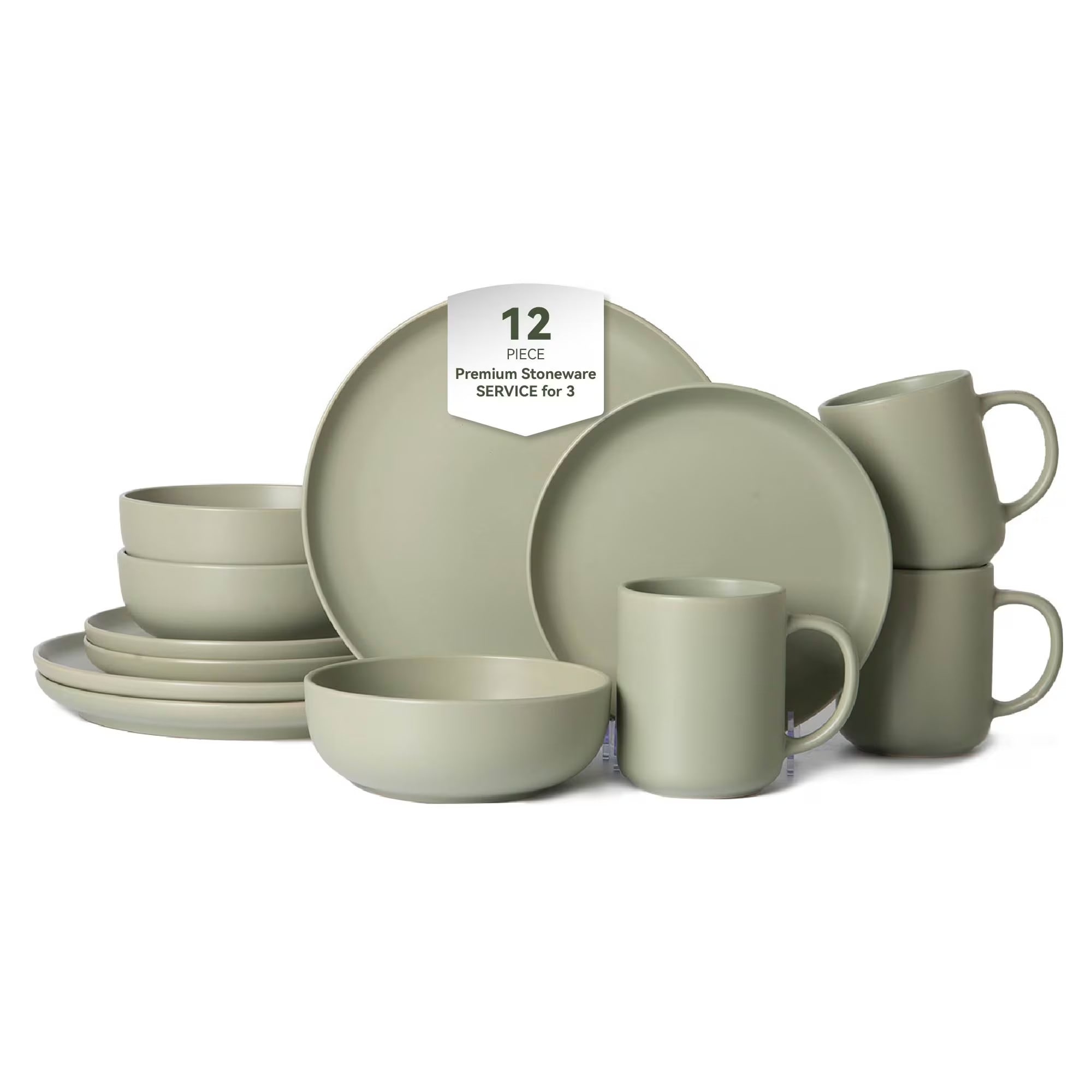 OOU 12 Piece Stoneware Dinnerware Set Service for 4 Dishwasher and Microwave Safe Matte Glaze Includes Plates Bowls and Mugs Green