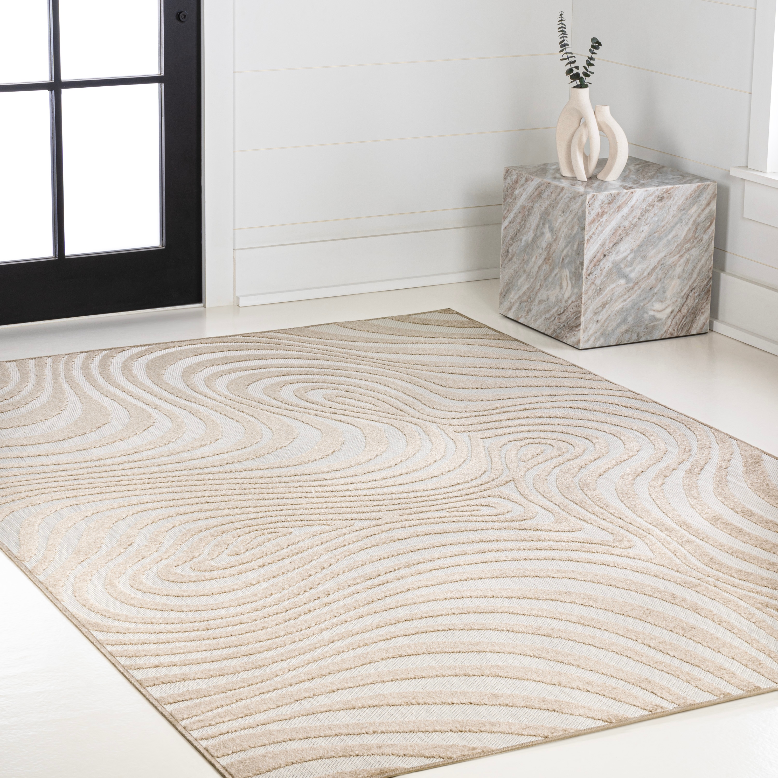 Beige and Cream High-Low Striped 3x5 Synthetic Area Rug
