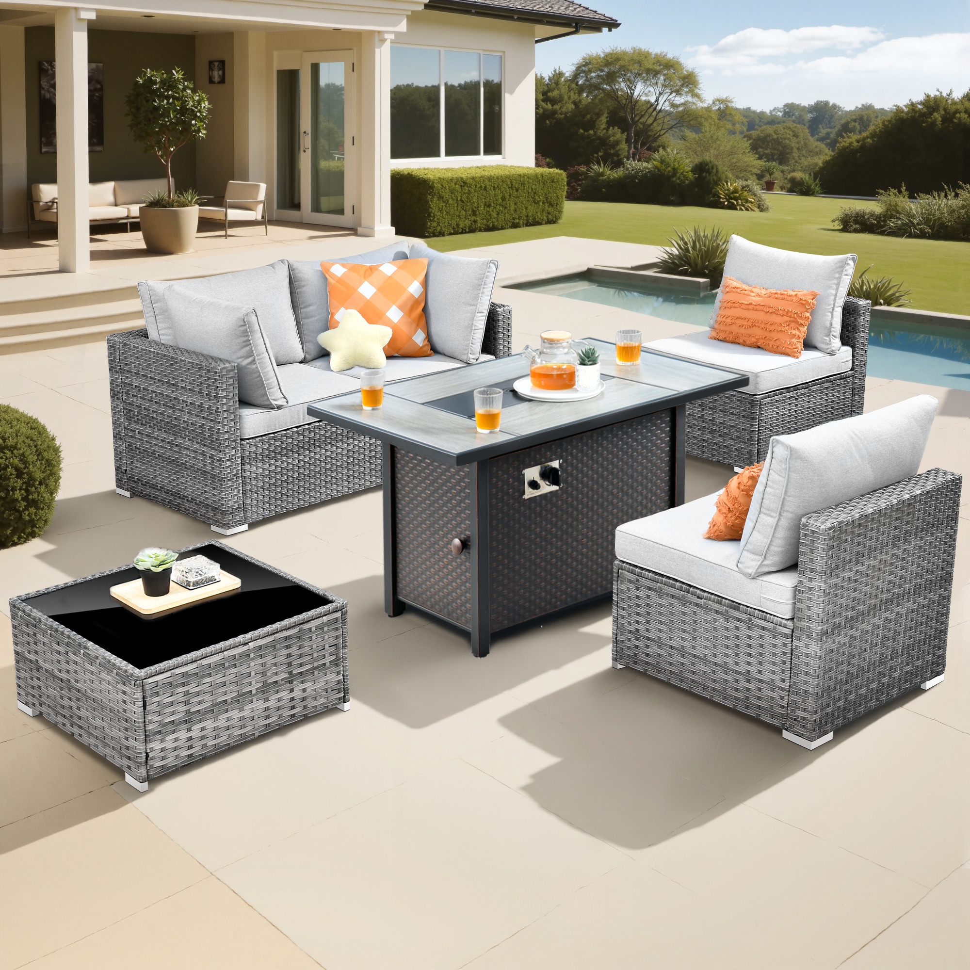 Pouuin SCFPHOP405 5 -Piece Wicker Patio Conversation Set with Light Gray Cushions