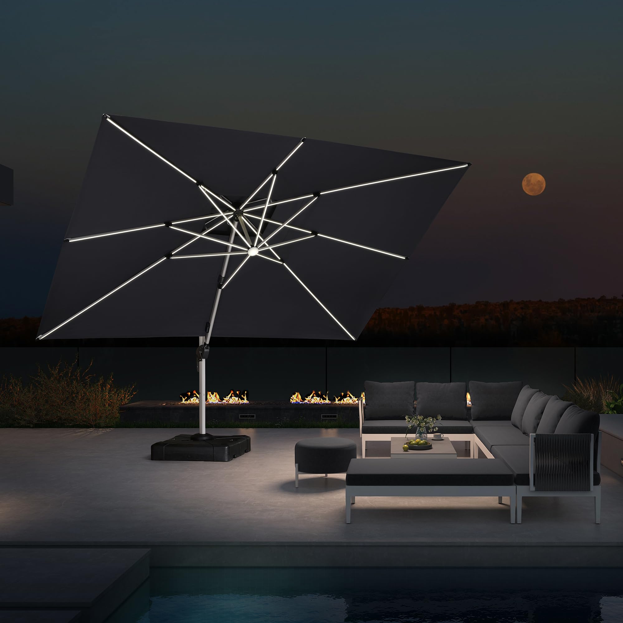 PURPLE LEAF LSGLRRCDT1013-GY 13-ft Aluminum Gray Crank Cantilever Patio Umbrella with Lights and