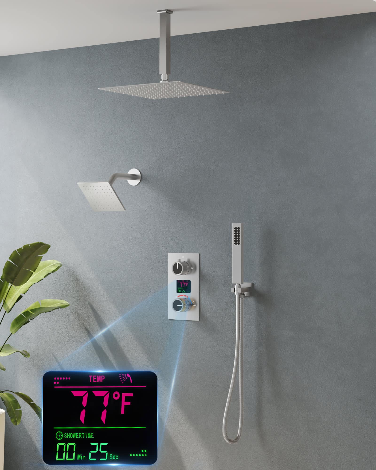 EVERSTEIN SFS-1033-NK12 3-spray Dual Shower Head and Handheld Shower Head with LCD Temperature Display in Brushed Nickel(Valve Included)