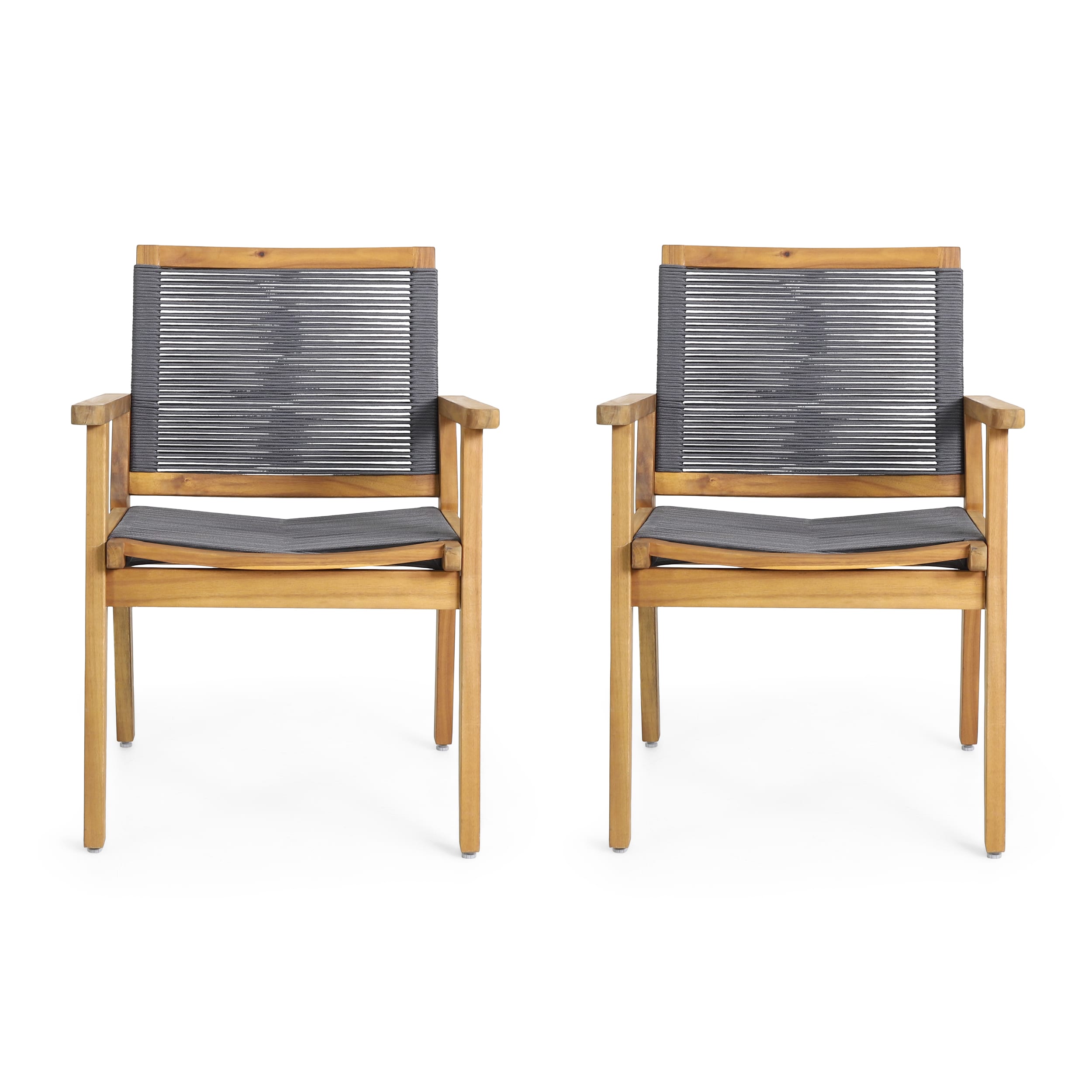 Set of 2 Teak and Dark Gray Rope Outdoor Dining Chairs