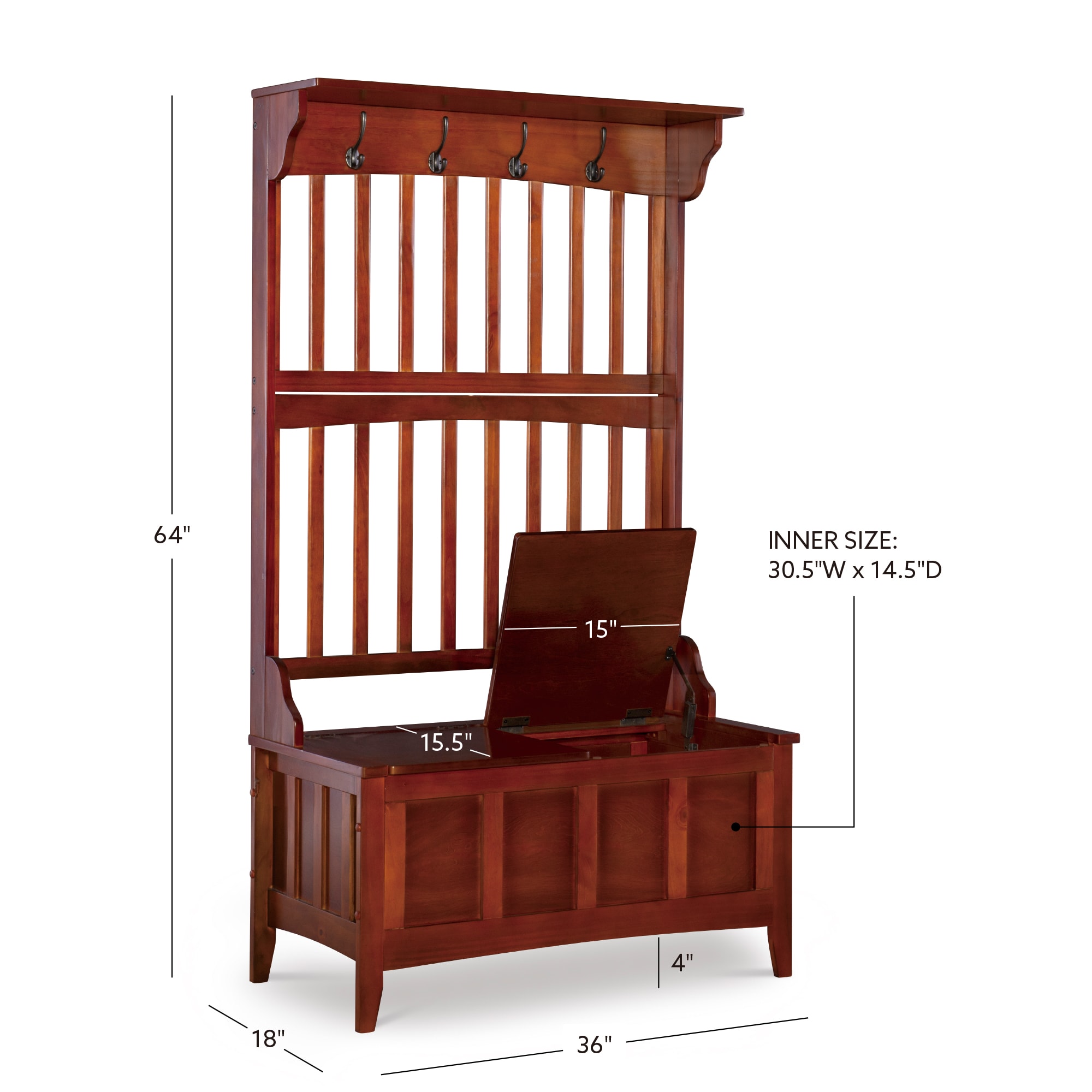 Walnut Finish Split-Seat Storage Hall Tree with Double Hooks