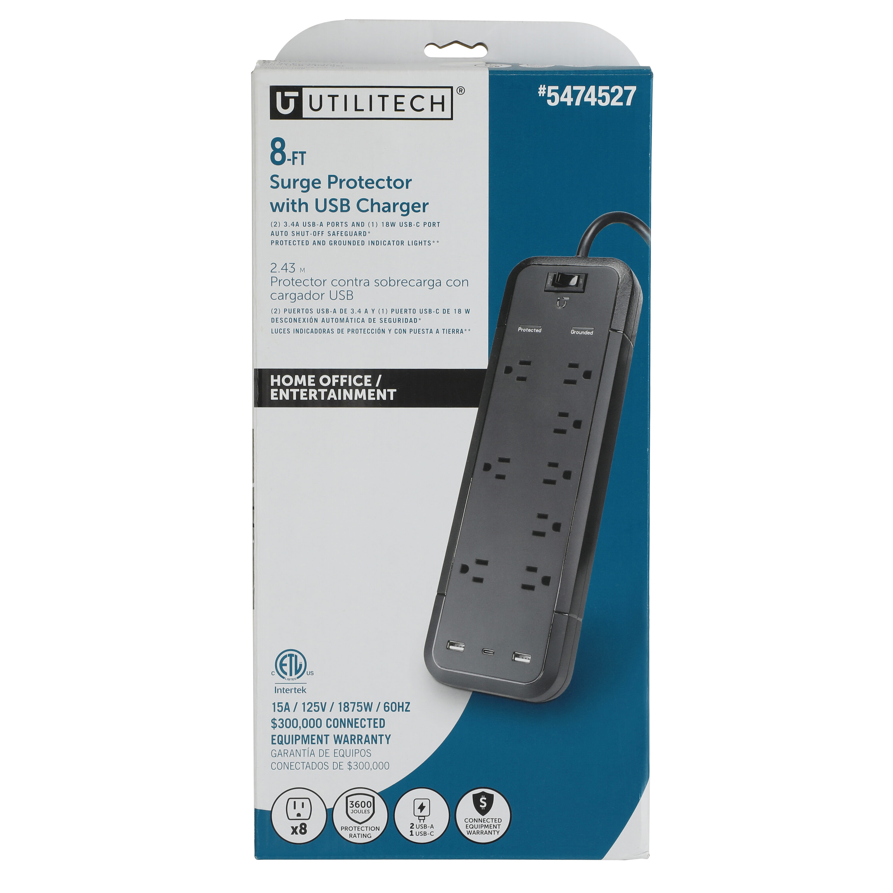 8-ft Surge 8-Outlet 3600 Joules 1875-Watt 1000Va Black Indoor Usb and Ac Surge Protector | - Utilitech UTPBSUC030