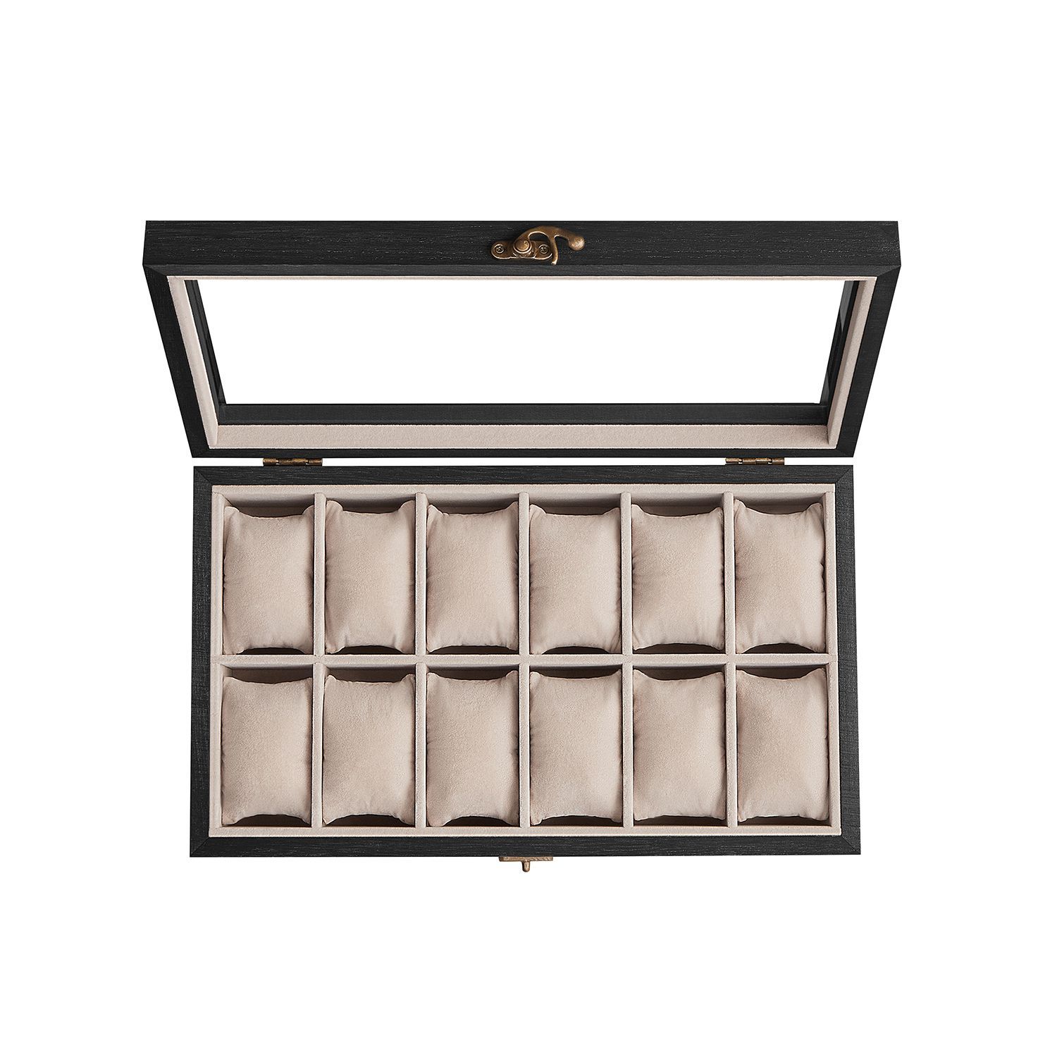 Slickblue 12-Slot Watch Box Organizer Velvet Lining Glass Lid Storage for Dresser Shelf or Vanity Use- Ebony Black