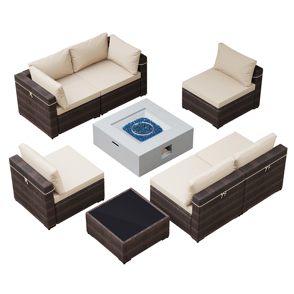 Patio Watcher SF123-B28FX 8 -Piece Rattan Patio Sofa Conversation Set with Tan Cushions