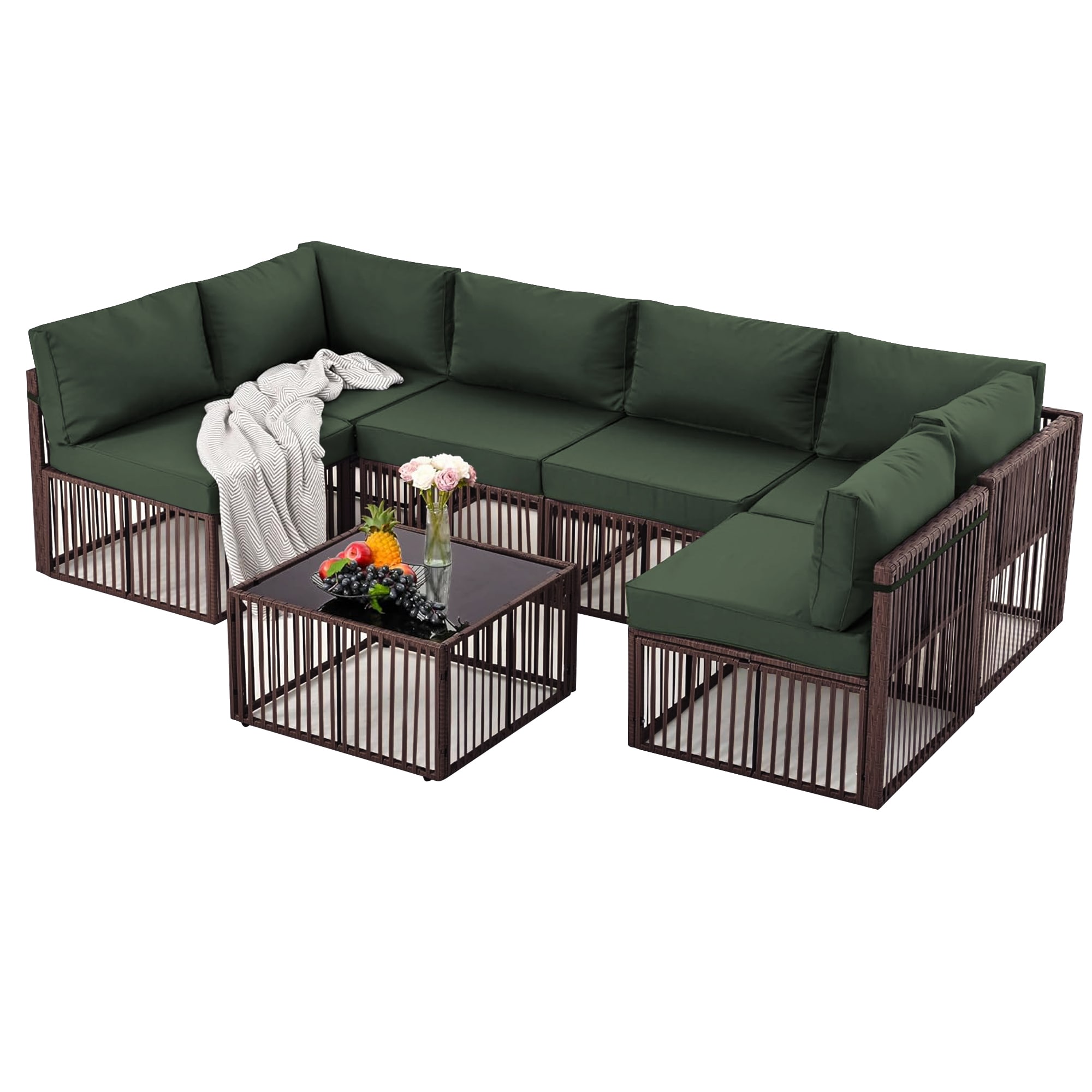 Patio Watcher LHSF-AB-TUGREEN 7-Piece Wicker Patio Conversation Set with Green Cushions
