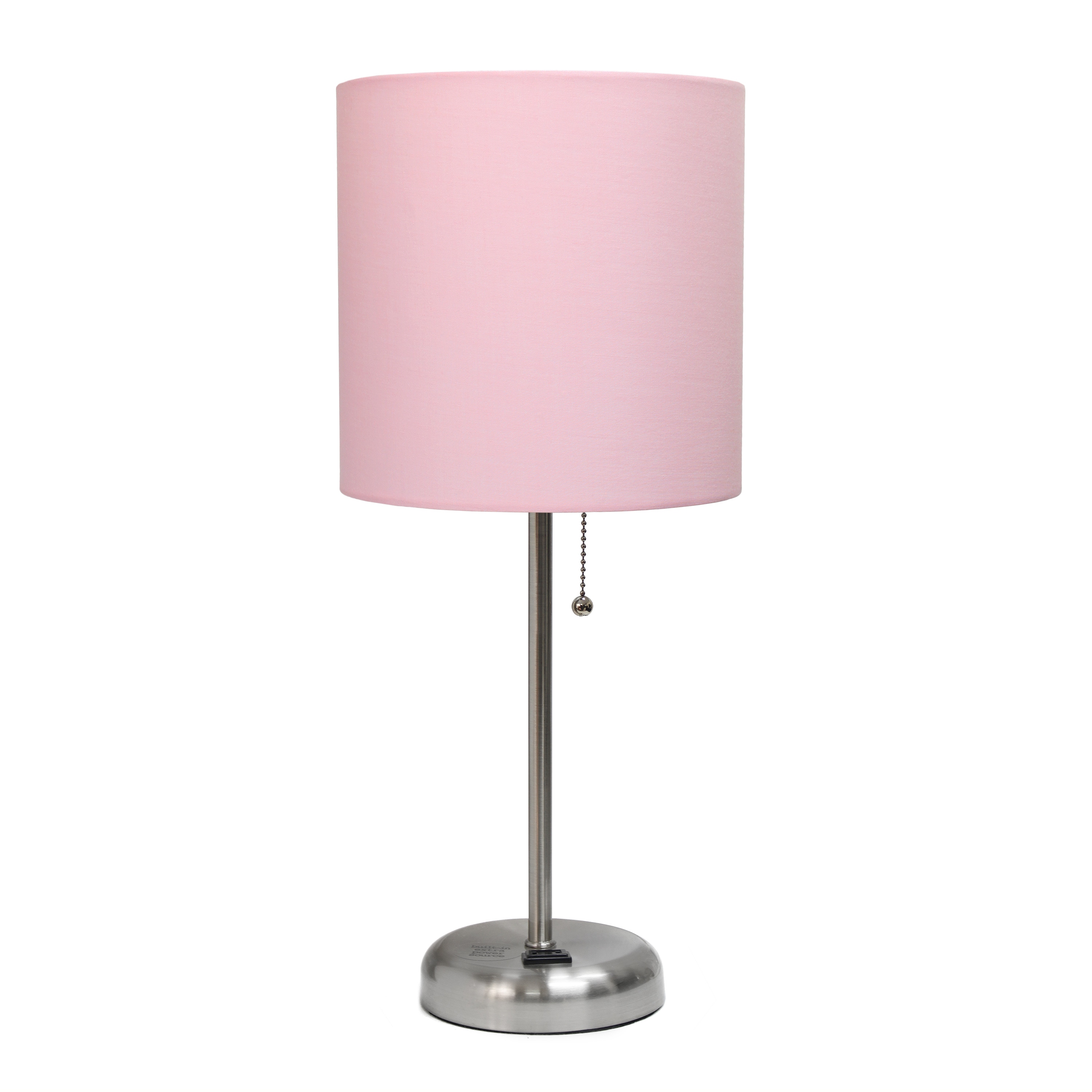 Simple Designs LT1144-LPK 19.5-inch Sleek and Slender Brushed Steel Table Lamp with Charging Outlet  for Bedroom Living Room Entryway Office Dining Room Study Light Pink Shade