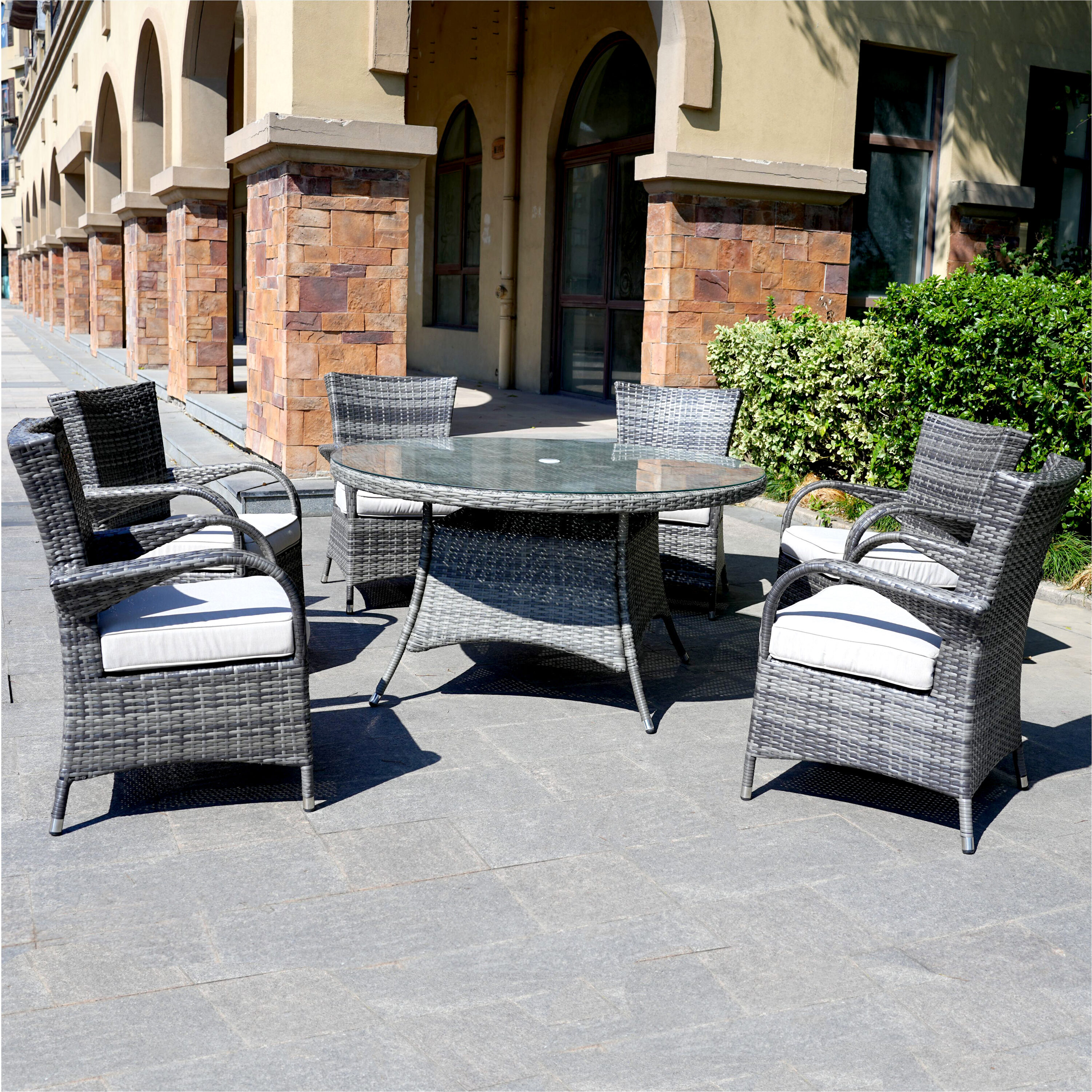 Moda Furnishings CMAD-1122-GR Nick 7 -Piece Gray Wicker Patio Dining Set Wicker Round Table with 6 Gray Cushions Stationary Chairs