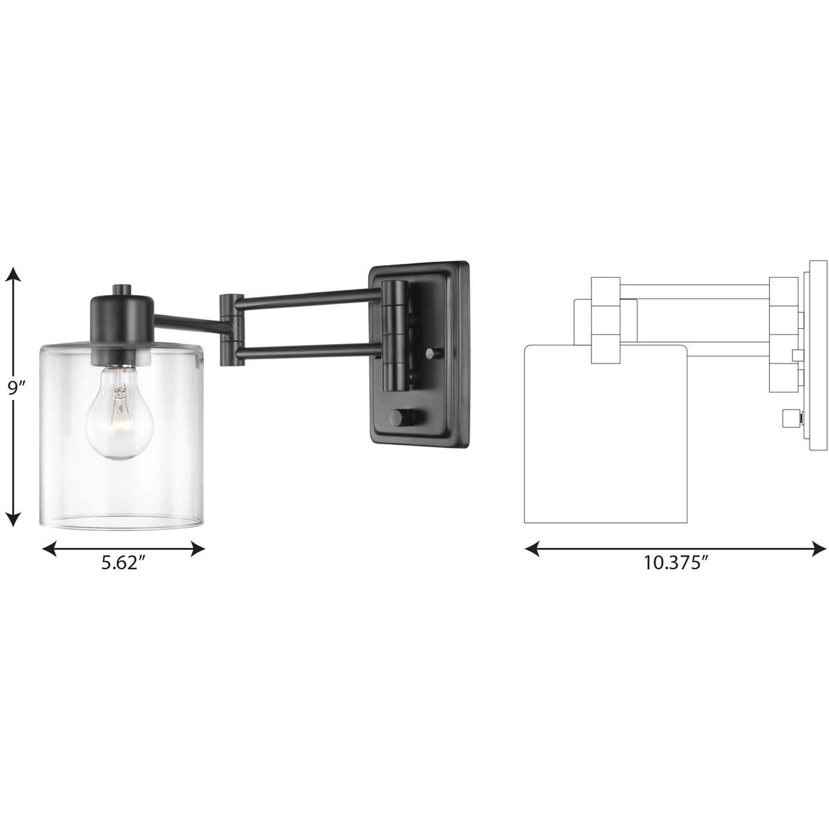 Milner Black Steel Swing Arm Wall Light with Clear Glass Shade