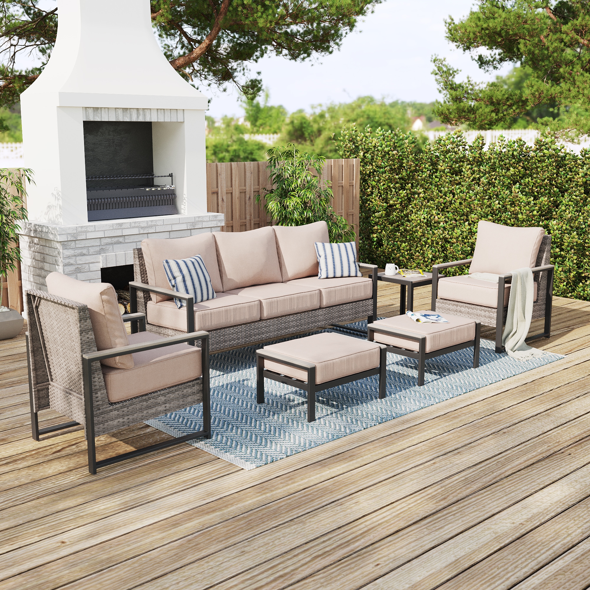 ACEGOSES LW-148HSD-T7 Skytop 6 -Piece Wicker Patio Sofa Conversation Set with Beige Cushions