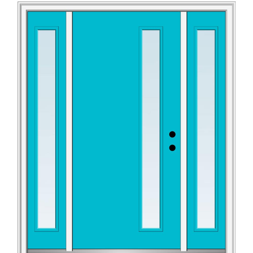 MMI DOOR ZZ348415L Spotlights 64-in x 80-in x 6-9/16-in Fiberglass Pulse lite Left-hand inswing Bahama Blue Painted Prehung Front Door with Sidelights with Brickmould Insulating core