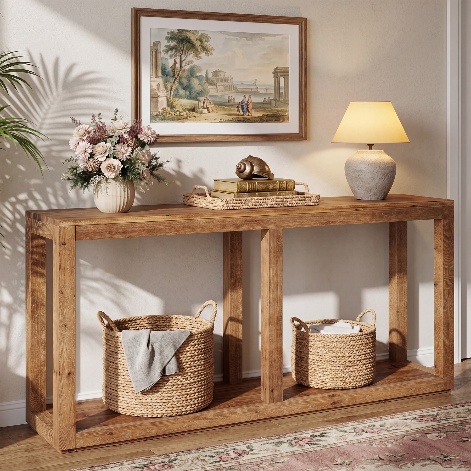 LITTLE TREE 70.9-in W Farmhouse Brown Solid Wood Console Table with 2-Tier Storage Shelves Long Narrow Sofa Table for Living Room Hallway Entrance