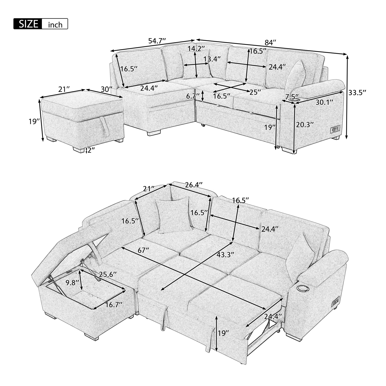 Bybafun 84.8-in Modern Beige Linen 4-seater Reclining Sleeper In The ...