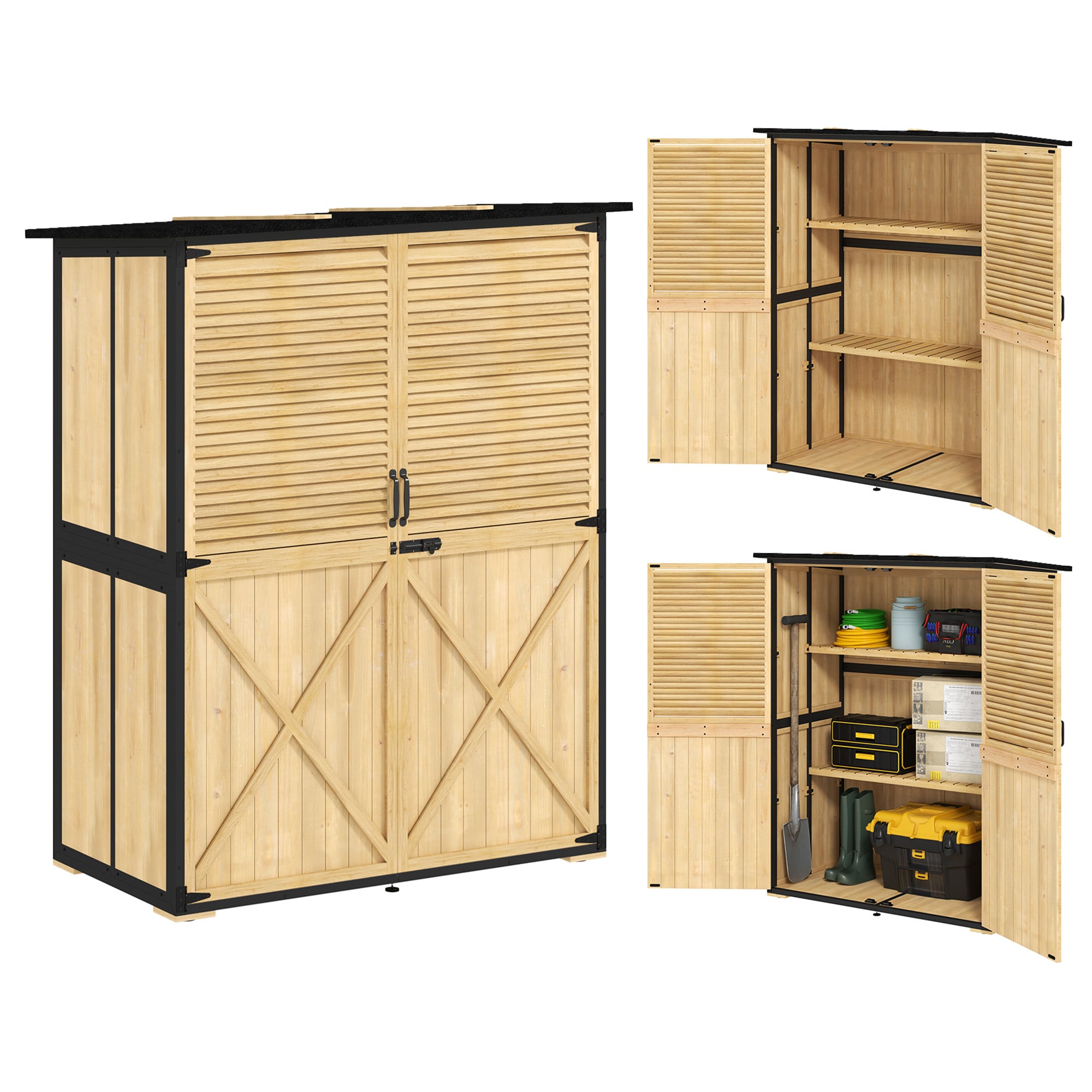 Outsunny 84H-337V00ND Outdoor Storage Cabinet Wood Garden Tool Shed with Lock Steel Frame and Asphalt Roof Garden Storage Shed with Adjustable Shelves and Feet for Patio Backyard Lawn Natural