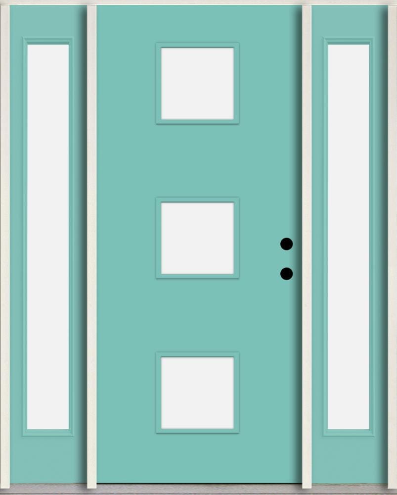 RELIABILT LO1066514 Spotlights 56-in x 80-in x 4-5/8-in Fiberglass 1/4 lite Left-hand inswing Caribbean Blue Paint Painted Prehung Front Door with Sidelights Insulating core