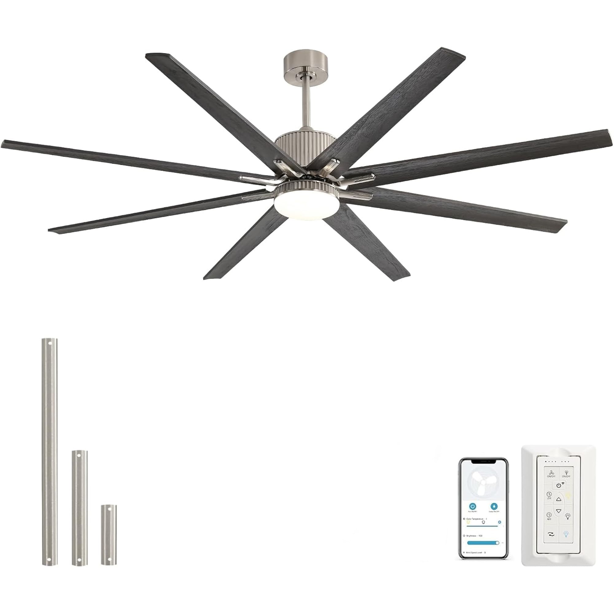 SINOFURN SYB570106BZ 76-in Color-Changing Integrated LED Outdoor Smart Nickel with Wood Blades Ceiling Fan With Light - Remote Included ( 8 -Blade )
