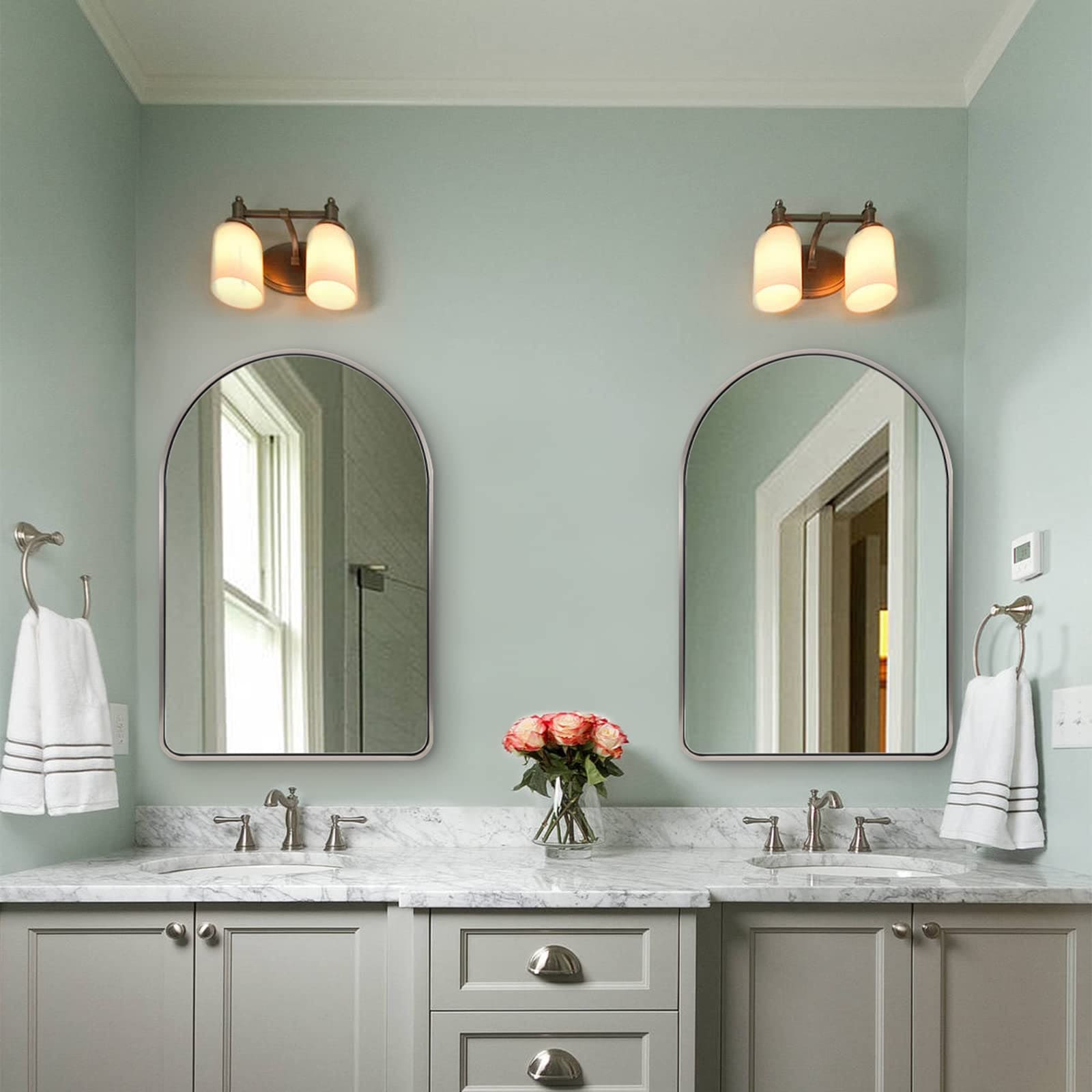 Aoibox  36 in H x 24 in W Brushed Nickel Arched Decorative Wall Mirror Metal Tube Frame Vanity Mirror