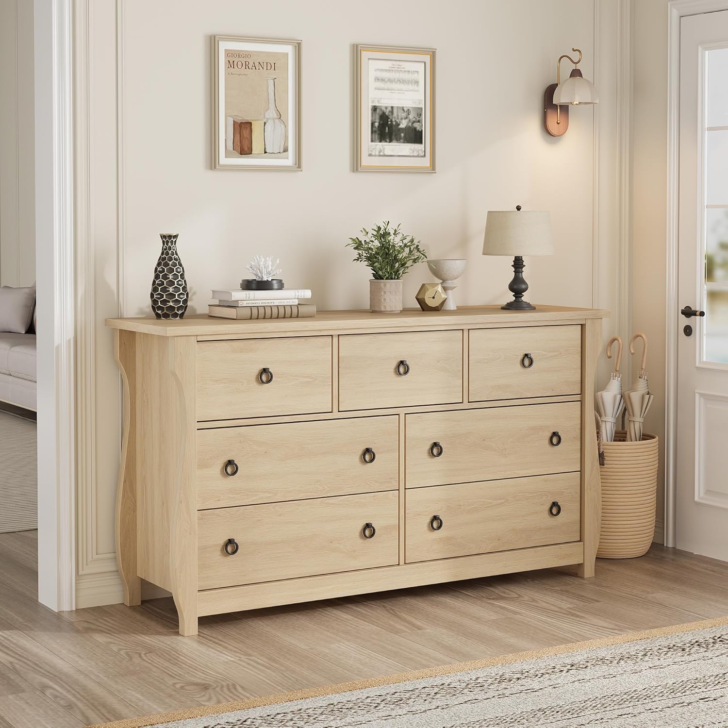 Qeetex LSDIBPHK335VAKHF Unfinished Natural Wood Seven Drawer Boho Dresser With Curved Legs And Rattan Accents For Bedroom