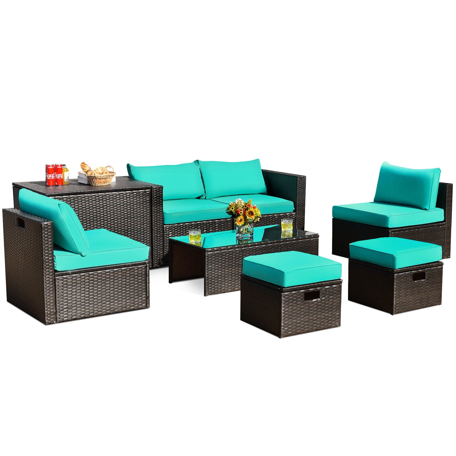 Forclover HBV-8592TU 8 -Piece Rattan Patio Conversation Set with Green Cushions
