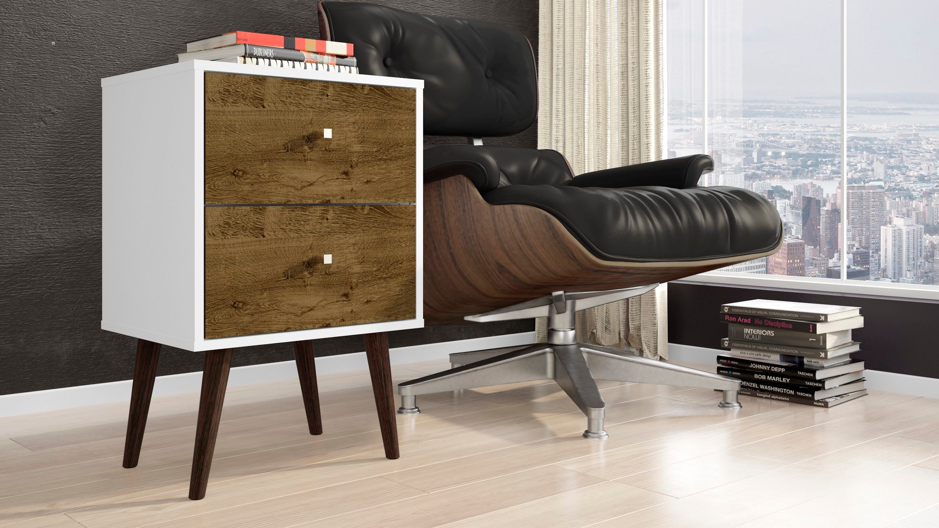 Manhattan Comfort 204AMC69 Liberty White and Rustic Brown Nightstand