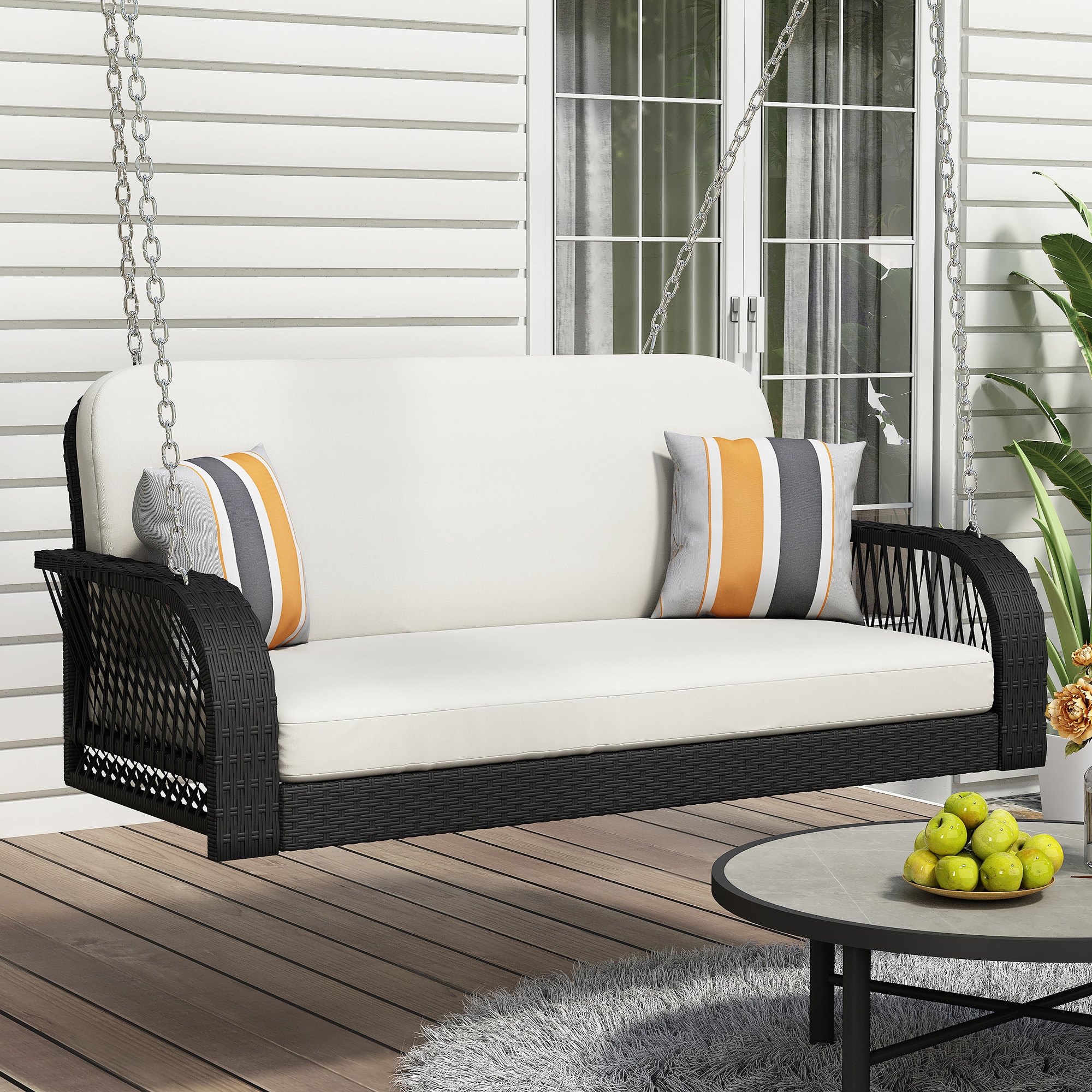 Forclover AL-681WH PE Wicker Porch Swing, 2-Seater Hanging Bench With Chains 2 -person Black Iron Outdoor Swing