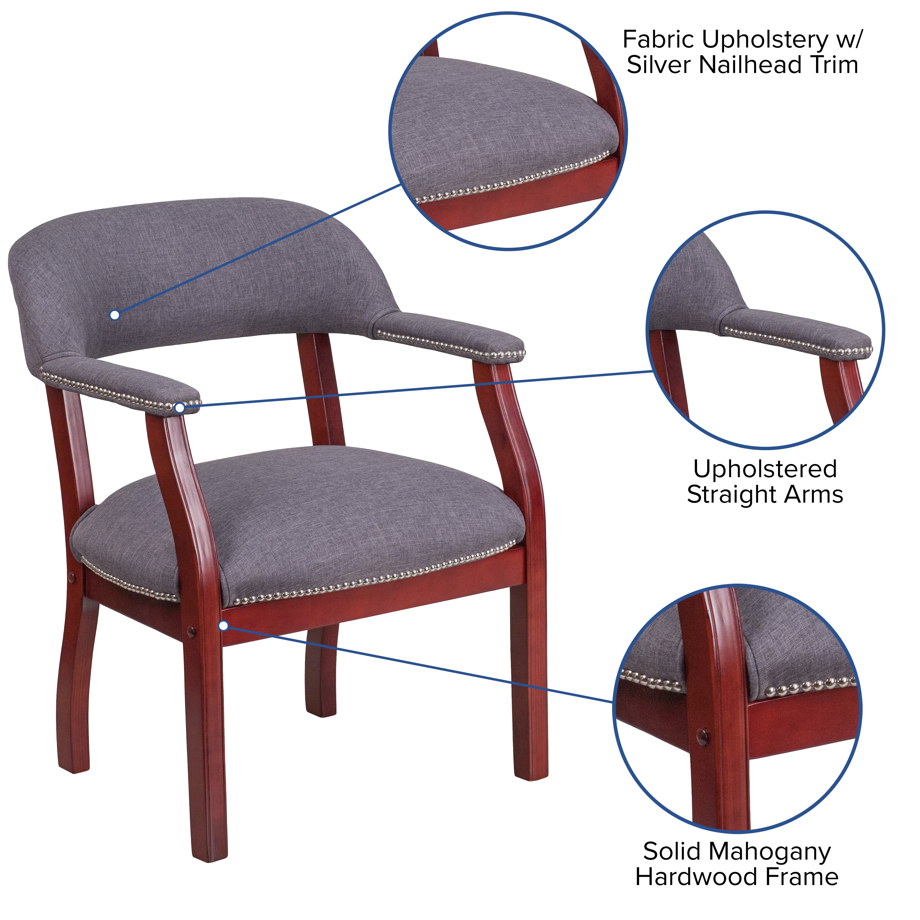 Elegant Gray Fabric Conference Chair with Silver Nailhead Trim