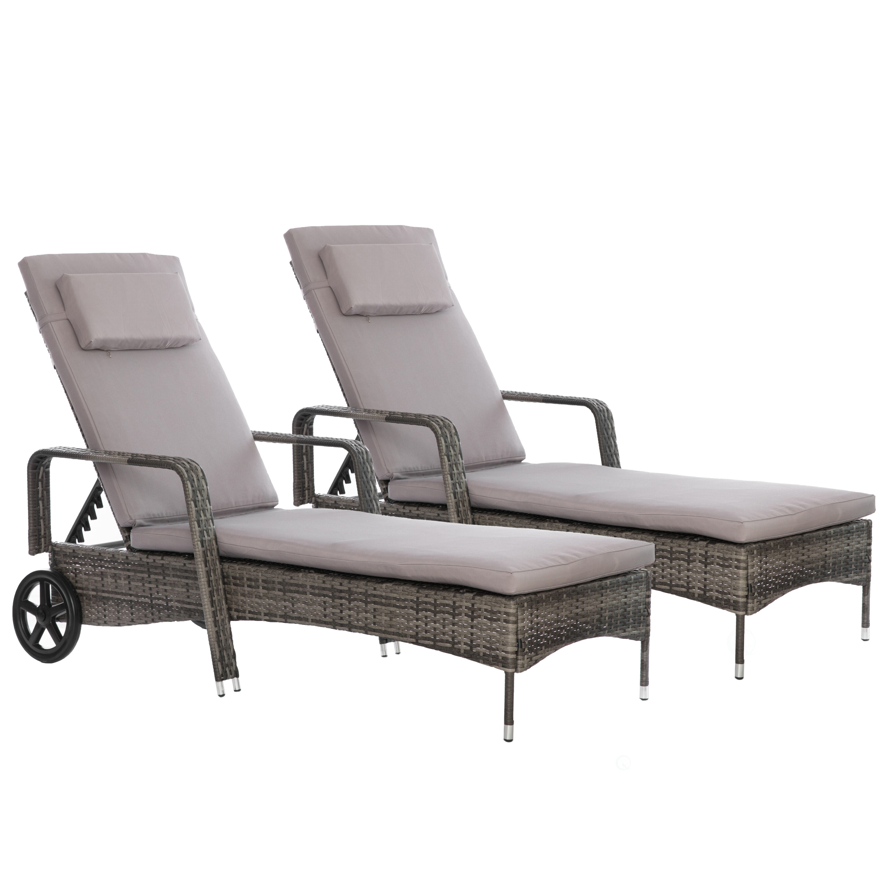 Gardenised QI003962.CH.2 Set of 2 Rattan Black Rattan Frame Stationary Chaise Lounge Chair with Brown Solid Seat