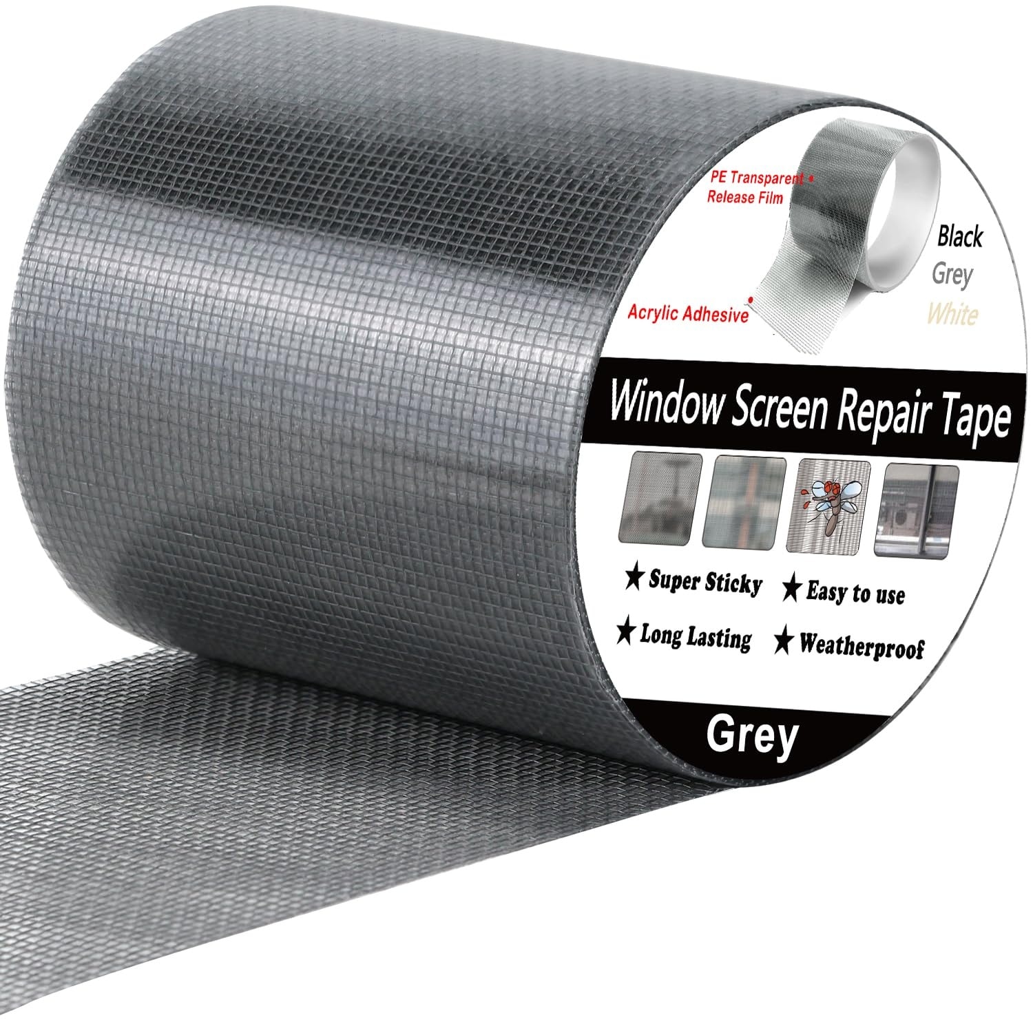 Phyfalip  Window Screen Repair Tape 2 in x 40 FT Gray Mesh Patch Kit Strong Adhesive for Windows Doors Garage Mosquito Net and Tent Mesh