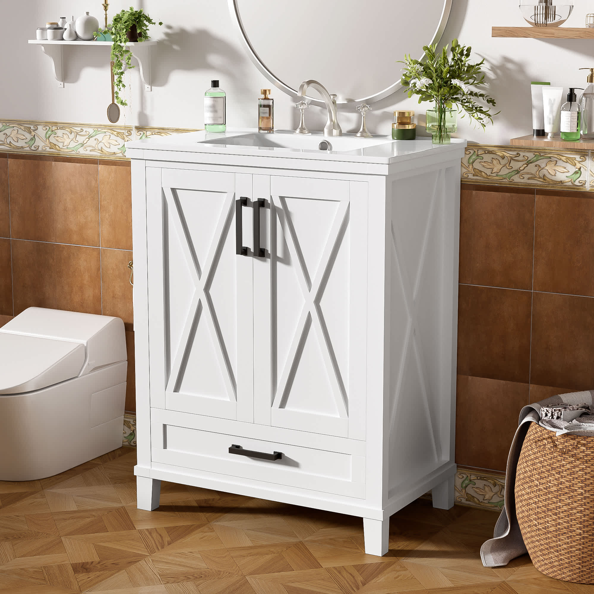 JCFL 24-inch White Bathroom Vanity with Single Sink and Ample Storage Space